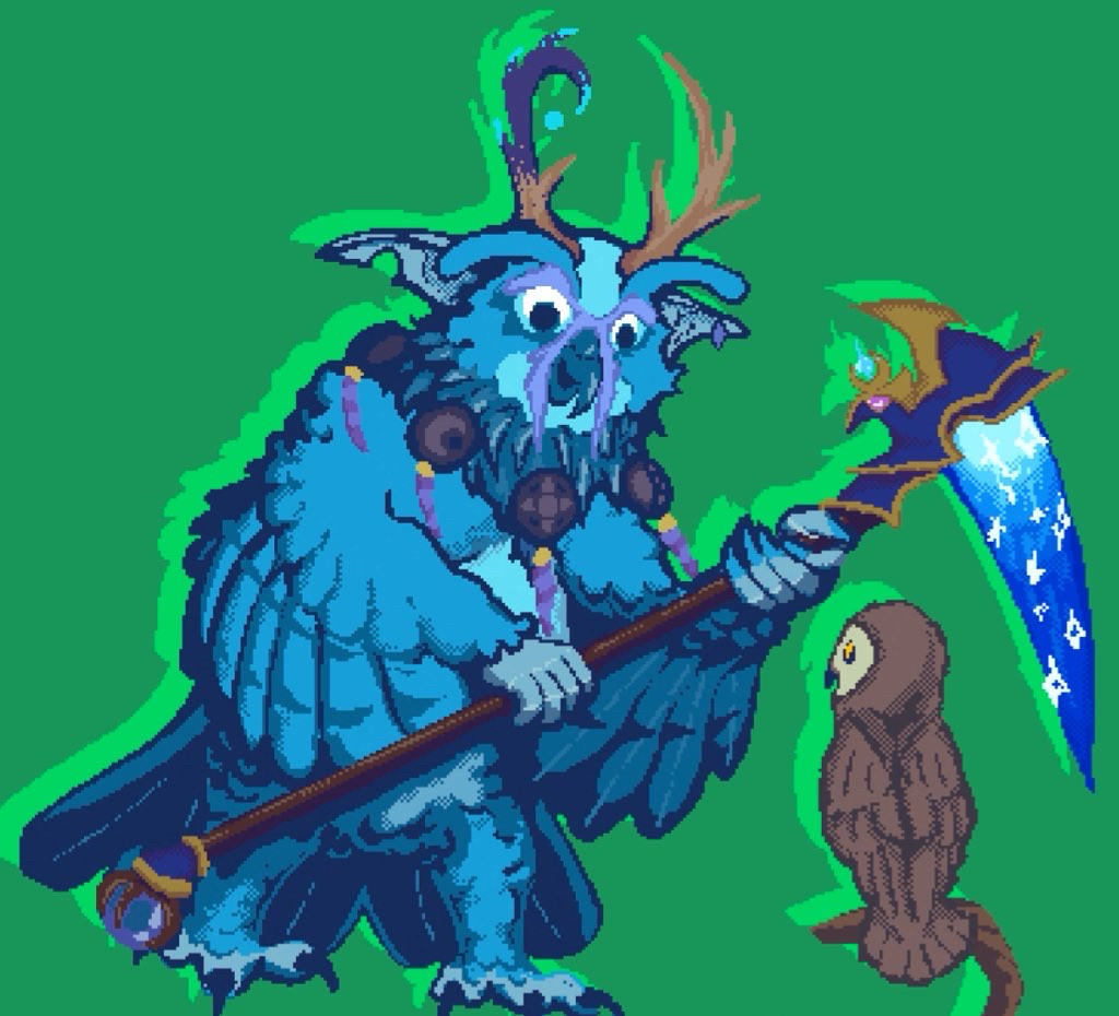 Pixel art of Kalronae a Night Elf Druid from World of Warcraft in their Moonkin form. They are holding a scythe weapon but appears to be friendly and is leaning over slightly to show the weapon to an interested owl who is sitting on a branch that extends off screen.