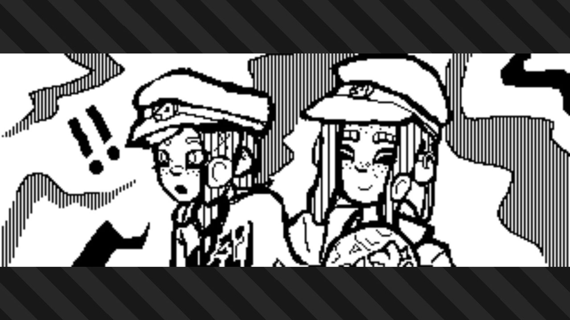 splatoon 3 plaza post depicting two octolings; one, on the left, is leaning forward and looking ahead excitedly, and the other is smiling with one hand on the other’s shoulder and the other holding a team present fan. they are both wearing the now or never cap, both have freckles, and they have similar facial features; the octoling on the left is a young girl wearing an oversized team present tee, and the one on the right is an older man with a pierced ear and nose wearing a jacket over his splatfest tee. they are on an abstract background resembling an ink pattern