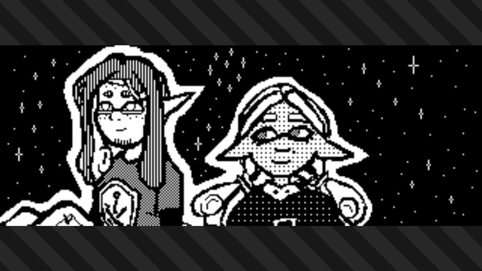 splatoon 3 plaza post of two inklings sitting together under a night sky, both smiling; one has messy, shoulder-length tentacles, some stubble, light freckled skin, and is wearing a layered shirt and glasses; the other wears their hair in a style resembling the in-game ‘cornrows’ style, but tied back into pigtails, and they have darker skin than the other inkling and they are wearing a hoodless sweatshirt