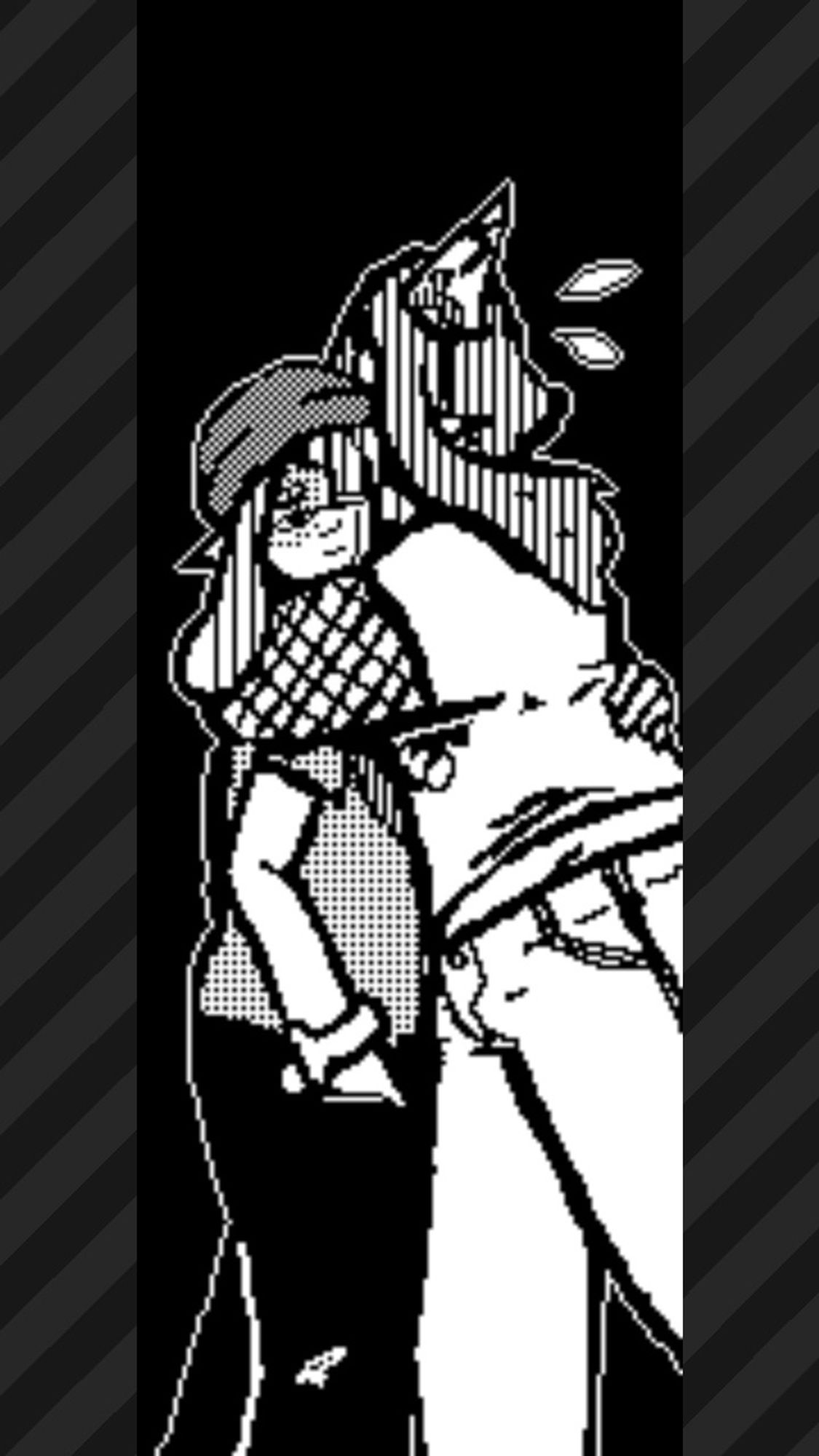 splatoon 3 plaza post of two inklings hugging; the one who seems to be initiating the hug, on the right, has ruffled tentacles and is wearing a party hat, a team present shirt over a fishnet top, and jeans; the other, on the left, is shorter and smaller, and is wearing a beanie, a team future shirt & wristband, and generic black pants. the inkling on the right is facing away from the camera; the inkling on the left is facing the camera, and they have discolored skin around their right eye, uneven bangs covering their left eye, and a tear rolling down their left cheek. they are on a solid black background