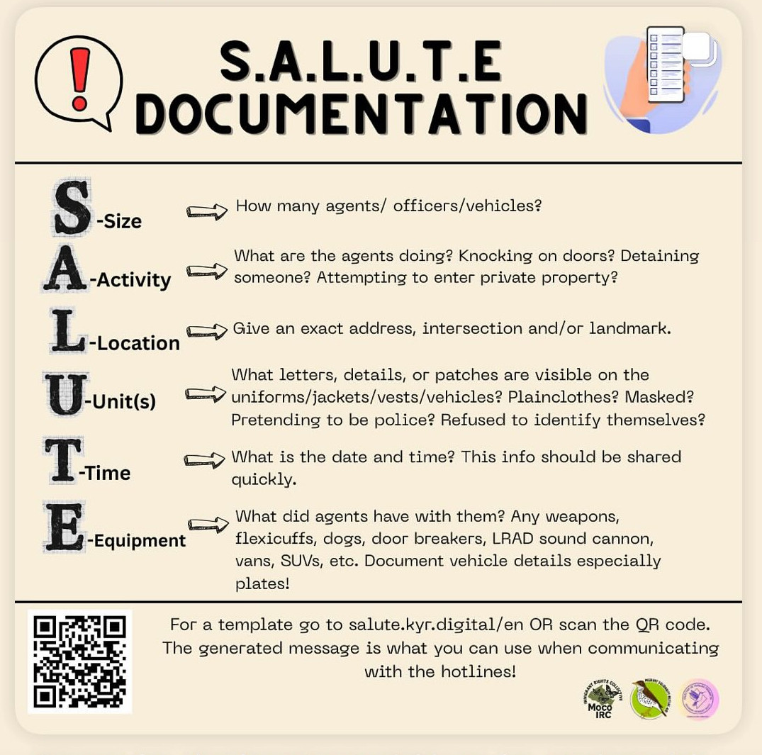 S.A.L.U.T.E DOCUMENTATION
S size: How many agents/ officers/vehicles?
A Activity: What are the agents doing? Knocking on doors? Detaining someone? Attempting to enter private property?
L Location: Give an exact address, intersection and/or landmark.
U- Units: What letters, details, or patches are visible on the uniforms/jackets/vests/vehicles? Plainclothes? Masked?
Pretending to be police? Refused to identify themselves? 
T -Time: What is the date and time? This info should be shared quickly.
E-Equipment: What did agents have with them? Any weapons, flexicuffs, dogs, door breakers, LAD sound cannon, vans, SUVs, etc. Document vehicle details especially plates!

For a template go to salute.kyr.digital/en OR scan the QR code.
The generated message is what you can use when communicating with the hotlines!