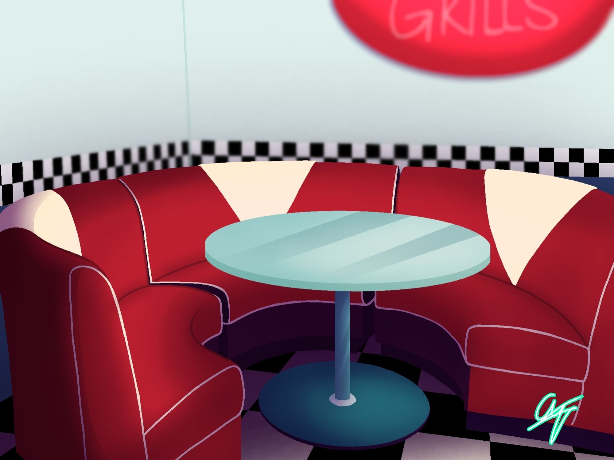 Drawn version of the Refrenced photo.

Same 3 red curving chairs with a white triangle going in the middle. Small glass like table in the middle of the chairs. Checkered floor. A big red sign hung on the wall with the word "GRILLS" being in view, lightblue with a strip having checkered pattern with dark blue being underneath the patterned strip.