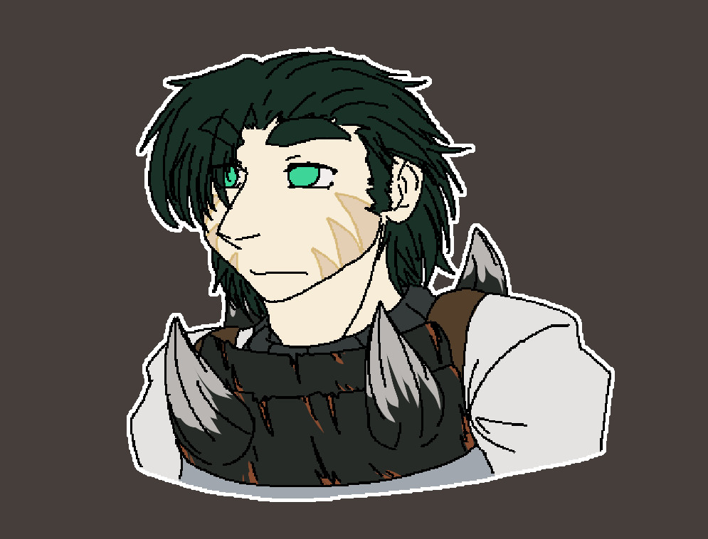 A portrait of my oc Decembert Sternberg. He hasshort-ish dark green hair that's mostly brushed back except for the bangs on his right. He has bright green eyes, pale skin, and three large scars across each of his cheeks [he almost got eaten by a Tigrex as a child]. He wears a weathered set of Auroros armour. He's looking to the left with a neutral expression.