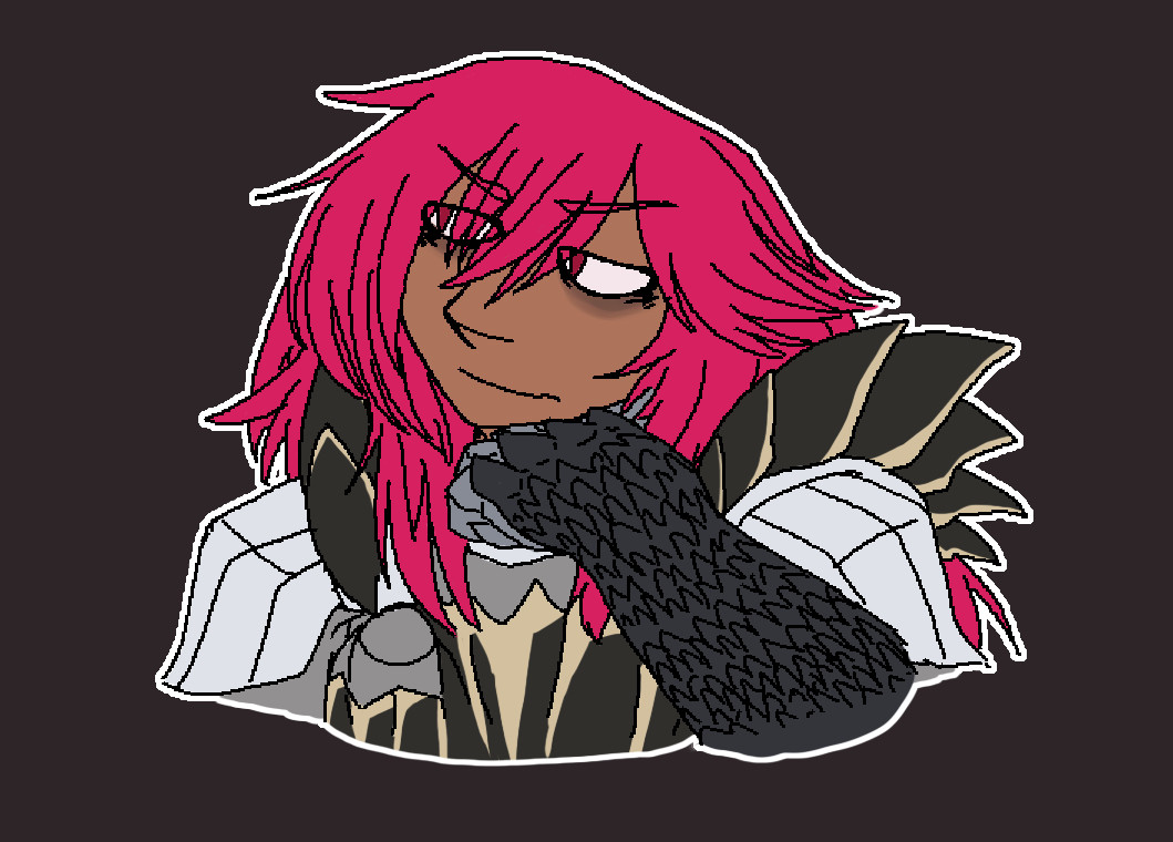 A portrait of my oc Junet Halloran, a hunter with long, unkempt pink hair, tan skin, and dark circles under his eyes. He wears the Aknosom chestpiece and Bazelgeuse armguards. He is posed like he's considering whatever is to the left.