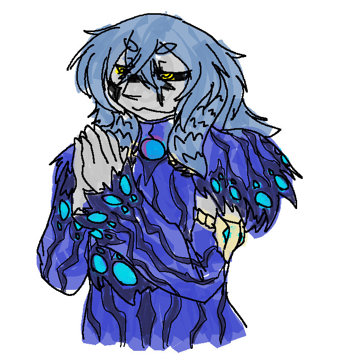 A rough mspaint portrait of Rogasot, a Nakarkos gijinka. He has dusty blue hair disguising two tentacles on either side of his head, grey skin, and yellow eyes with wavy pupils like a cuttlefish. In this form he is imitating Sendag, and wears a blue variant of Butterfly gear with tattered edges and bright cyan spots.