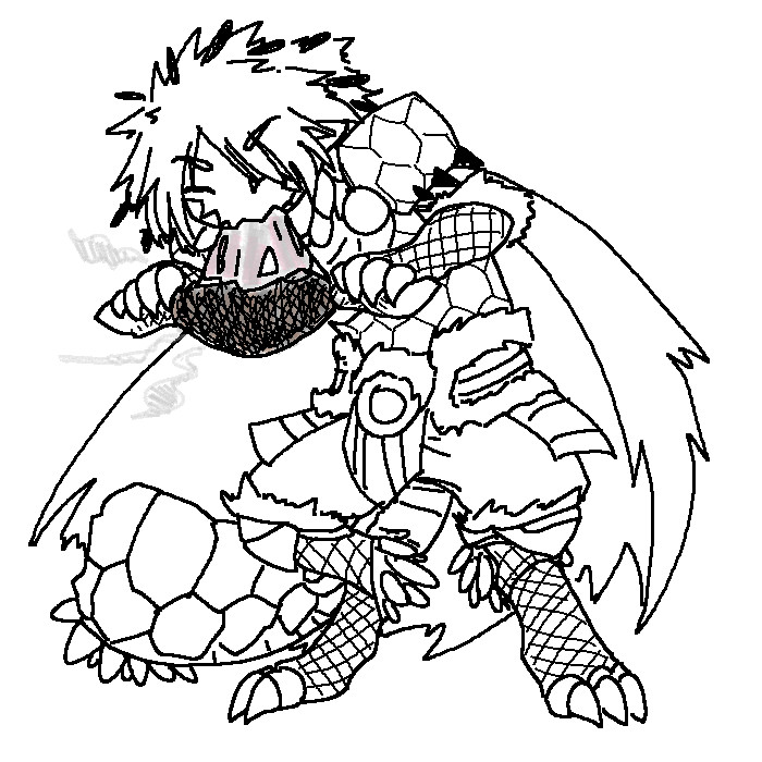 A black-and-white mspaint doodle of Flint, a scarred Bazelgeuse gijinka. He is mostly humanoid has shaggy medium-length hair with black thorns throughout, and digitigrade vaguely reptillian legs. The tip of his tail has been severed. He wears armour similar to Bazelgeuse hunter gear, but with a large tattered cloak. He is happily eating a burnt steak.