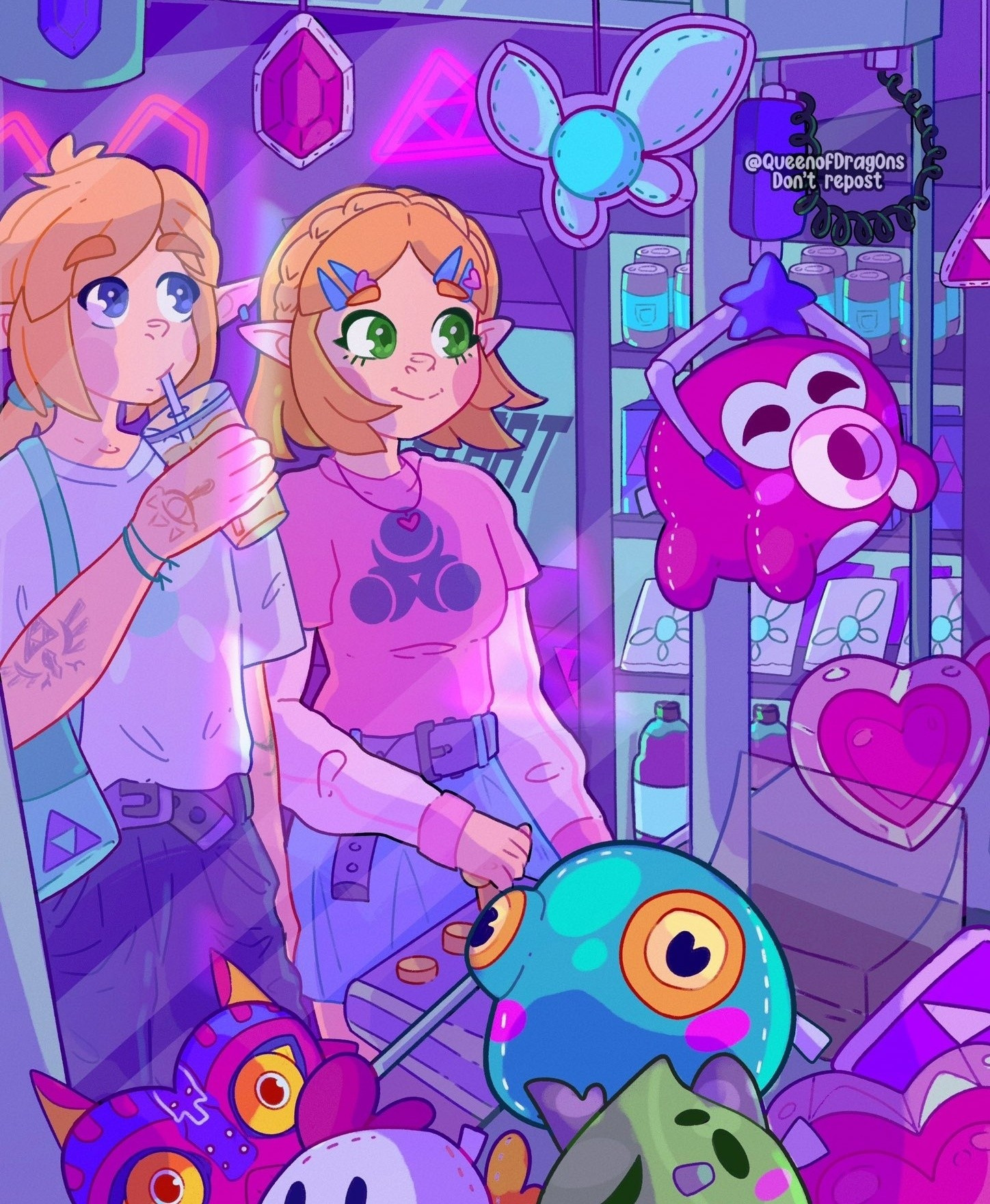 Zelda an Link from The legend of zelda having a cute date in a Arcade machine center