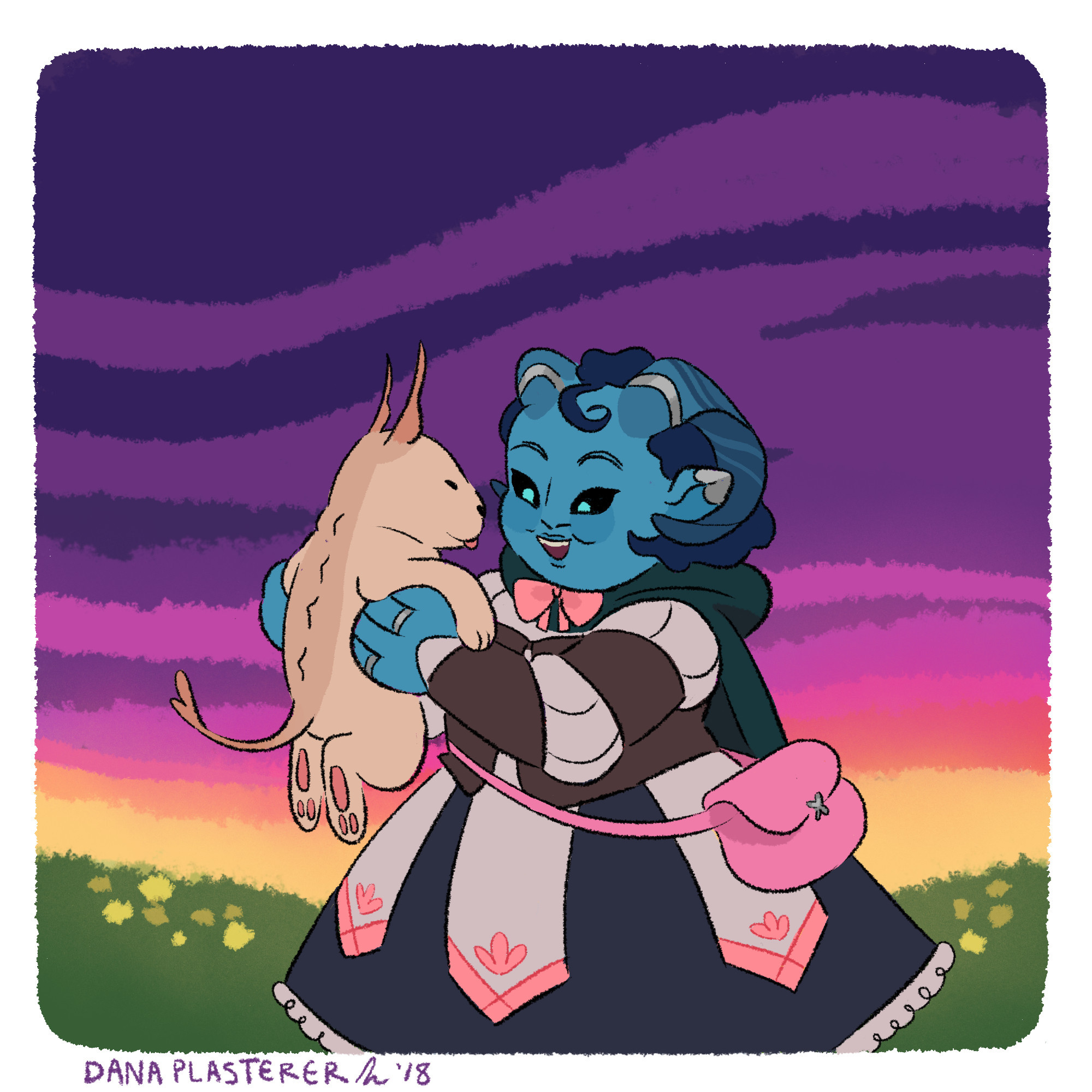 Part 1 of 4 series of frames. Jester is holding nugget, a blink dog puppy, in front of her amongst a sunset background. Jester is wearing a version of her season 1 outfit.