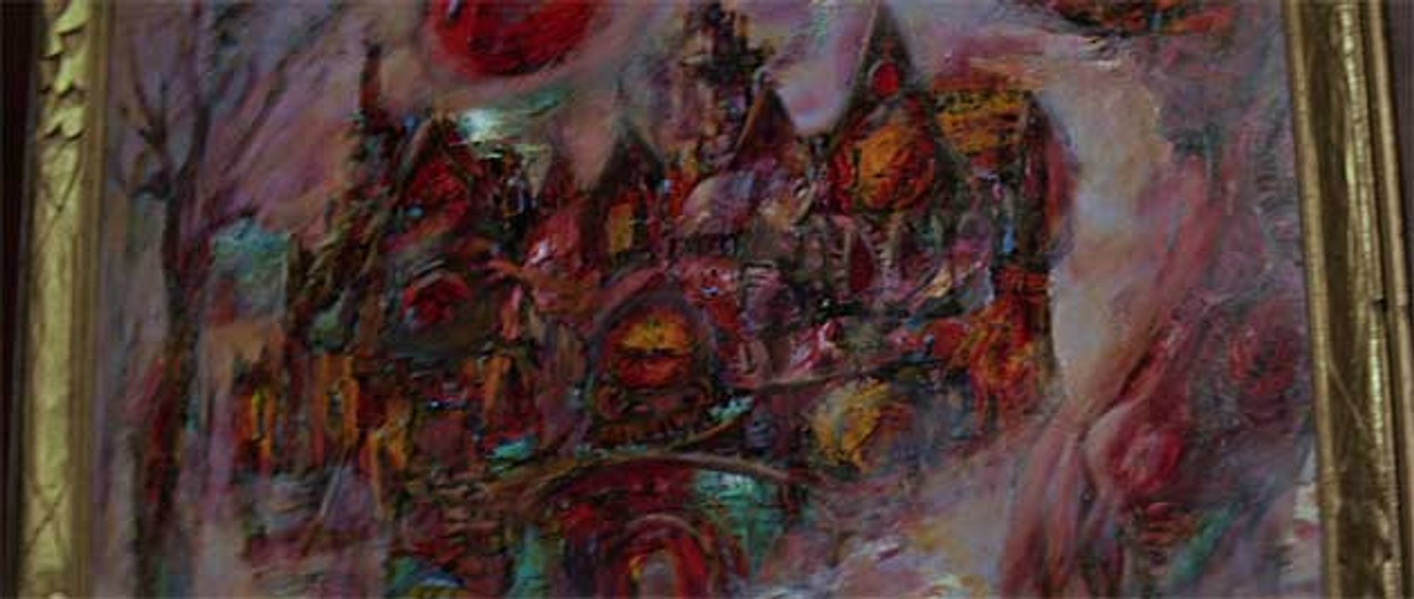 An oil painting of the titular House: a nightmare of domes and eye-shaped windows beneath a swollen red moon.