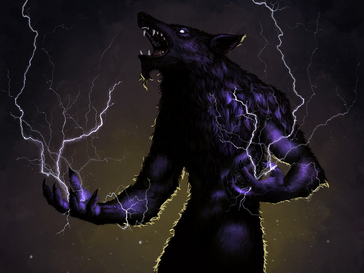 Indigo werewolf with lightning crackling from his hands