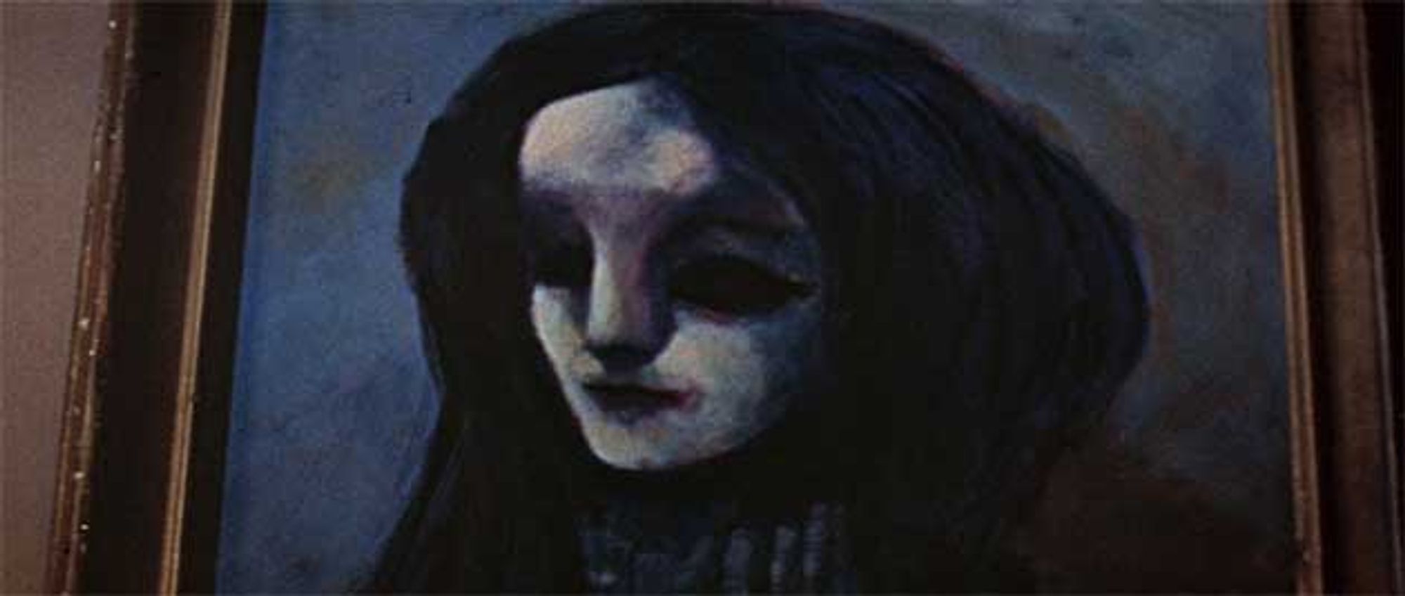 Oil painting of a black-haired woman with huge black eyes and a white face that make her look like a Grey alien