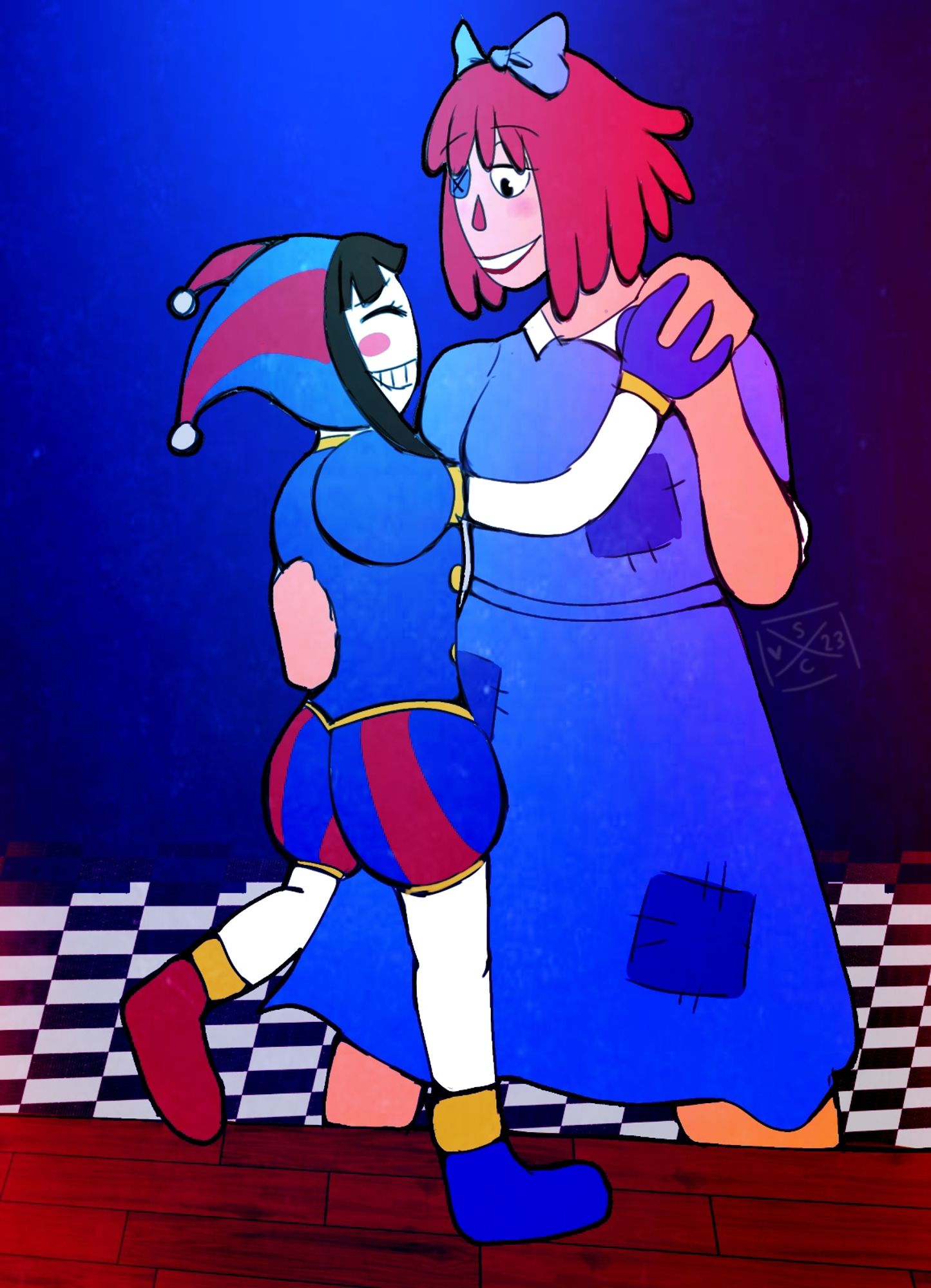 Two characters from the indie animated pilot The Amazing Digital Circus are dancing together. Pomni the woman on the left is a short jester with a red and blue striped costume. She is standing on a higher platform since the woman she is dancing with (Ragatha) is much taller. Ragatha resembles a Raggedy Ann doll.