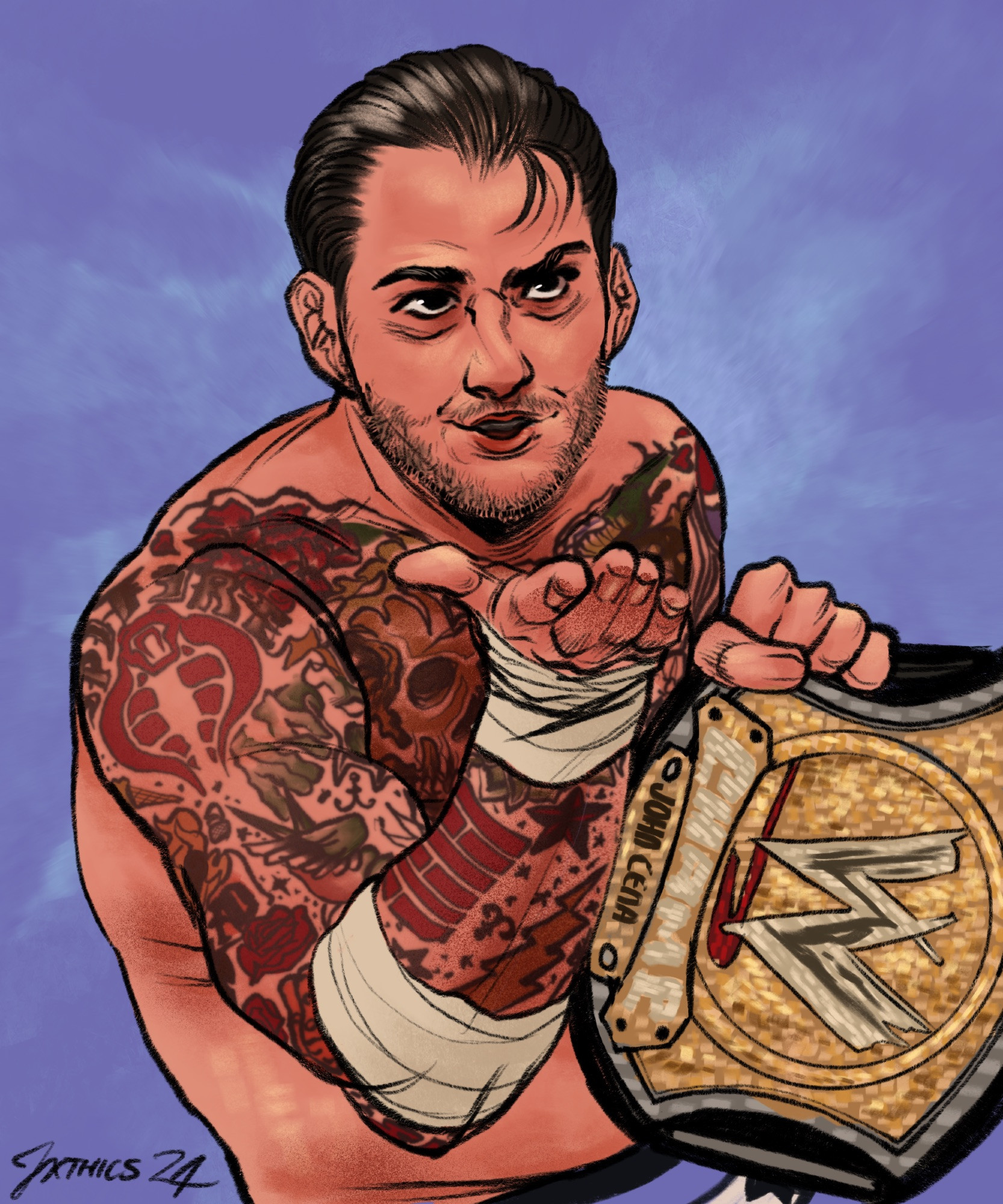 a drawing of cm punk smugly blowing a kiss with a blue background. he is holding a WWE championship belt with john cena's name on it.