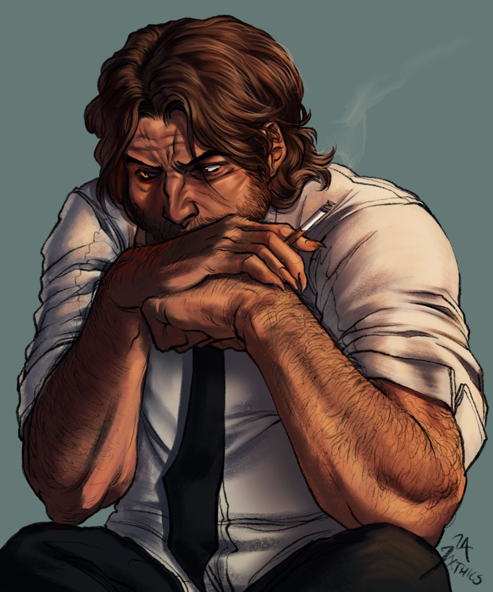 a drawing of bigby wolf on a greyish teal background. he is smoking a cigarette while sitting with his arms propped up on his knees, and his hands folded in front of his mouth. he is glaring to the left. one side of him is shadowed, and the eye on that side is a bright, animal orange.