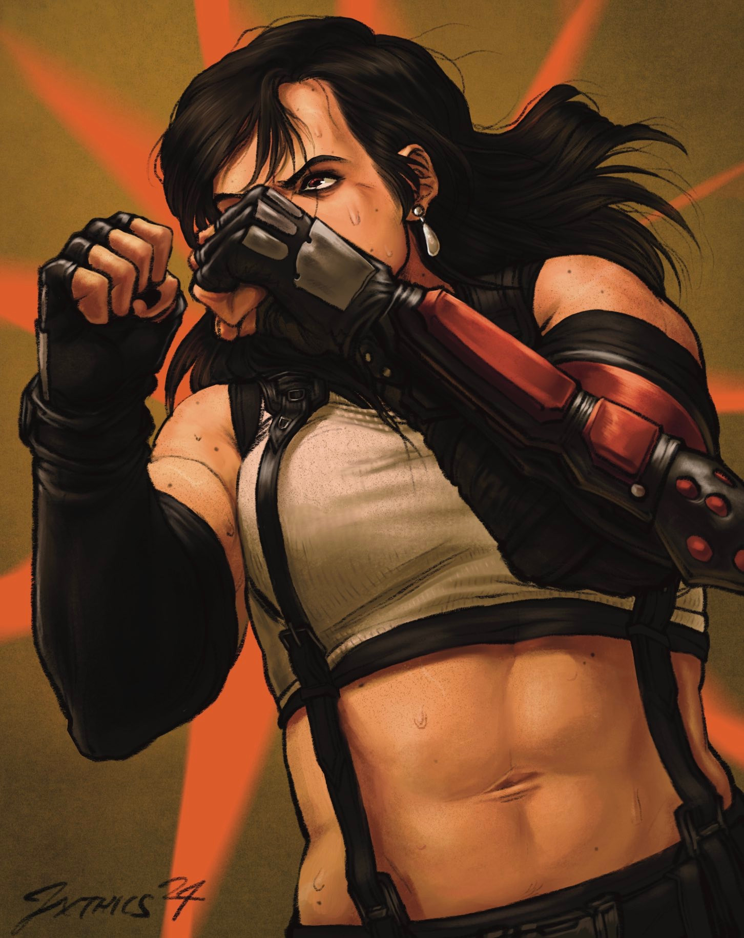 a drawing of tifa lockhart from final fantasy 7 on a green and orange background. the picture is angled a little below her. she has her fists raised, ready to hit, and is looking off to the left with an intense expression.