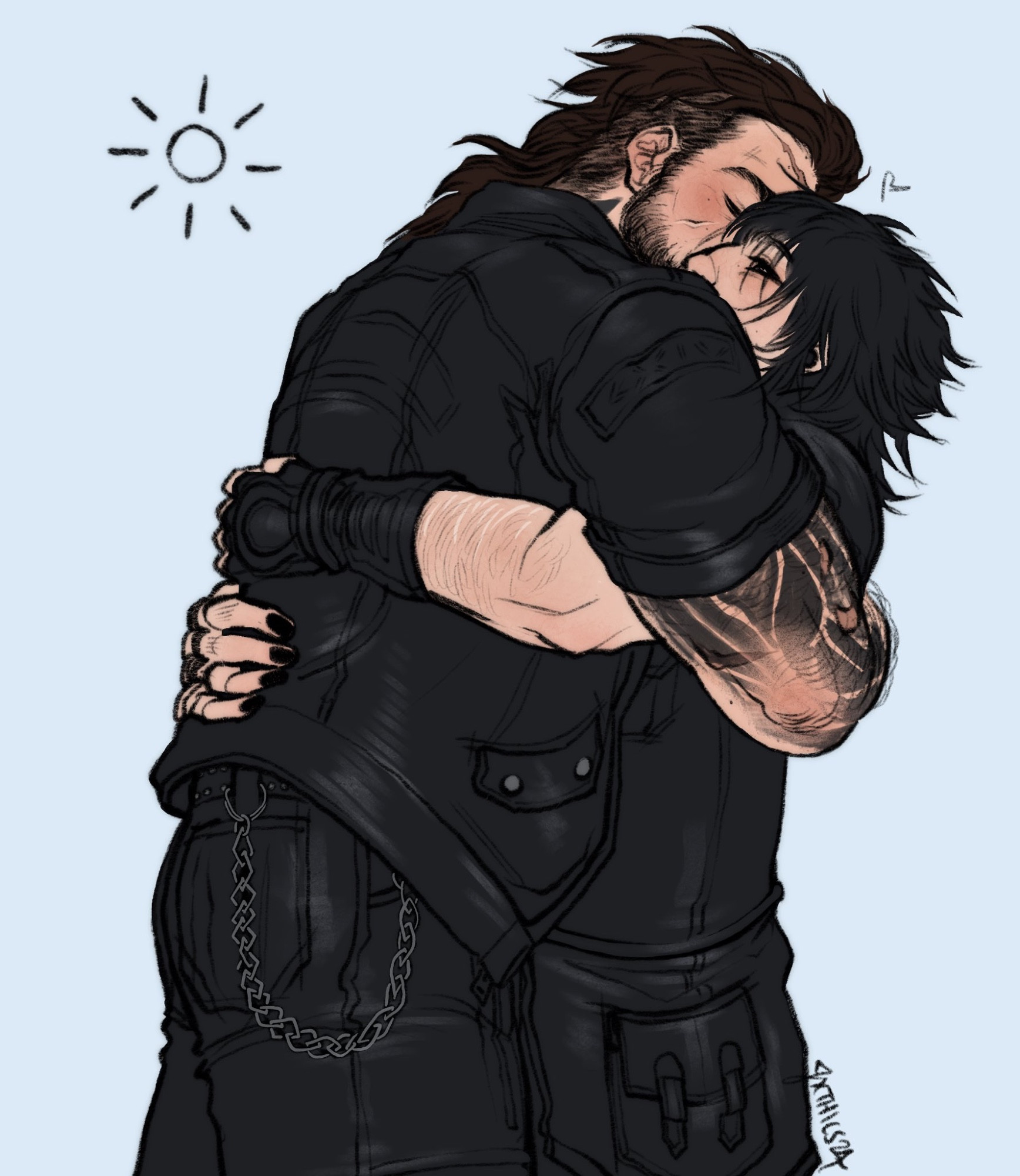 a drawing of gladiolus amicitia and noctis lucis caelum from final fantasy 15 on a light blue background. they are in their pre-timeskip regular clothes. they are hugging tightly. there is a symbol of a sun drawn off to one side.