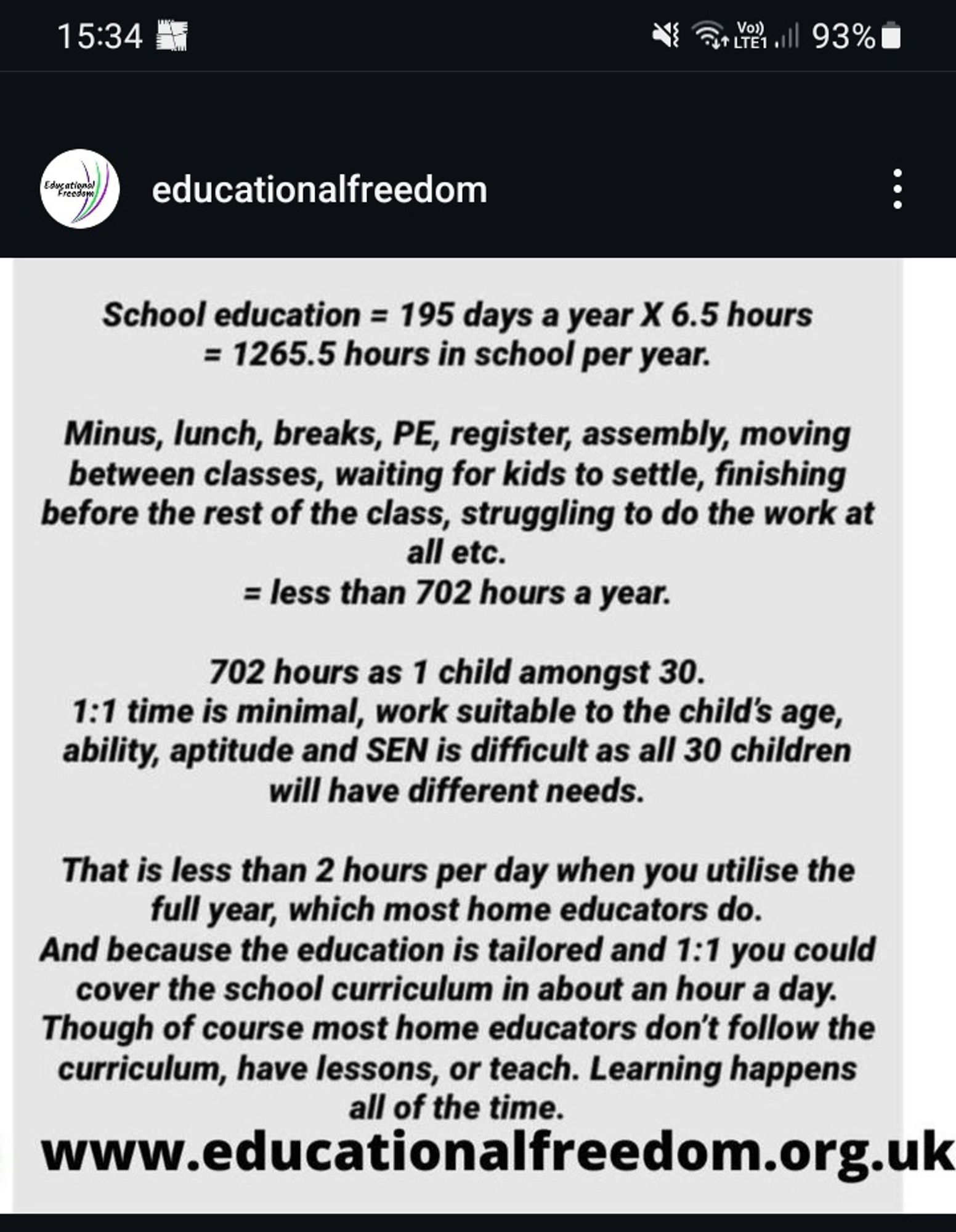 image showing how the hours spent learning in school over a day breaks down to only 2hrs per day.