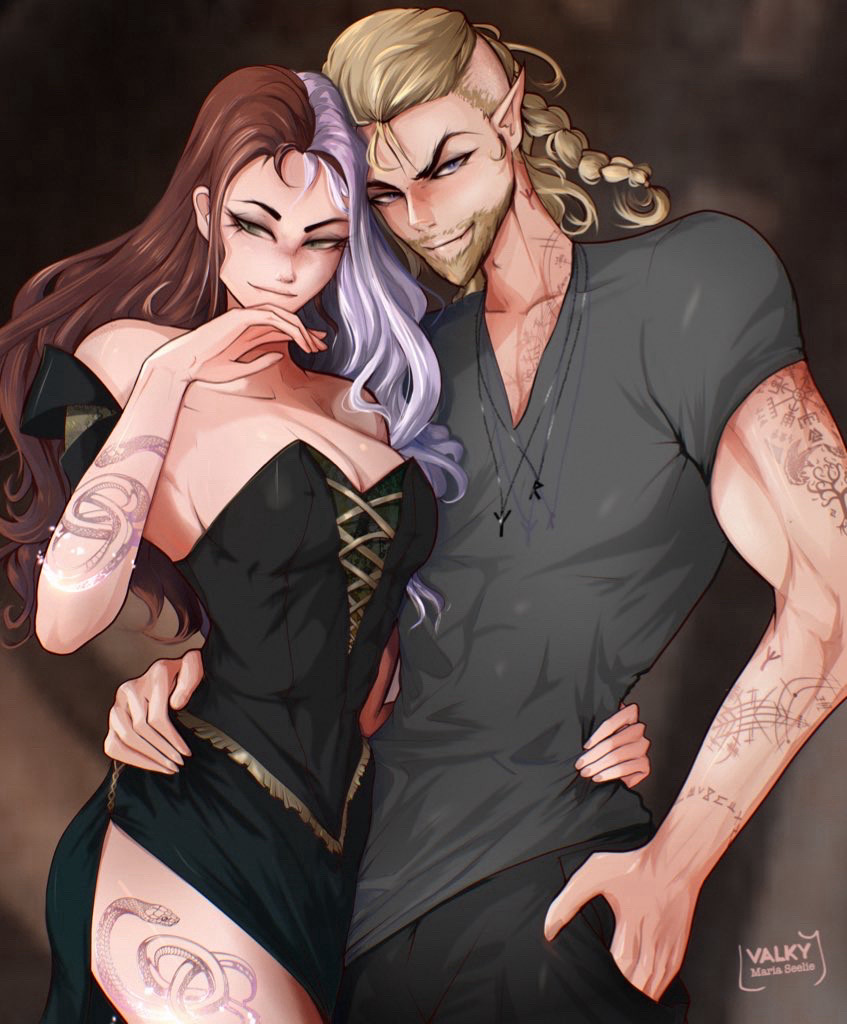 Witch Girl with white and burgundy hair posing with a Viking vampire. Boths have tattoos and dark clothes.