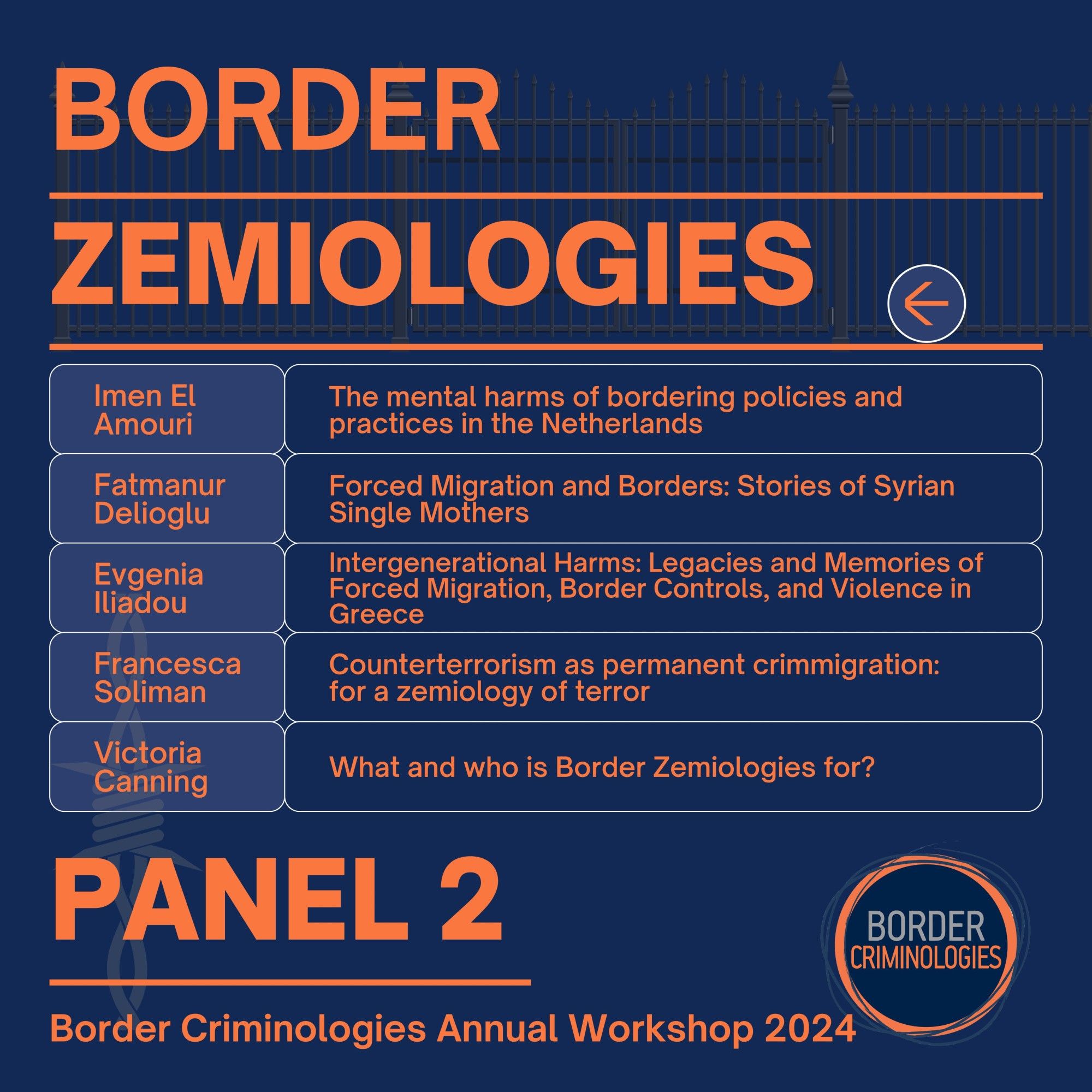 The image shows the line up for Panel 2 of the workshop, which is titled "Border Zemiologies". Full line up available by following the link provided in the text.