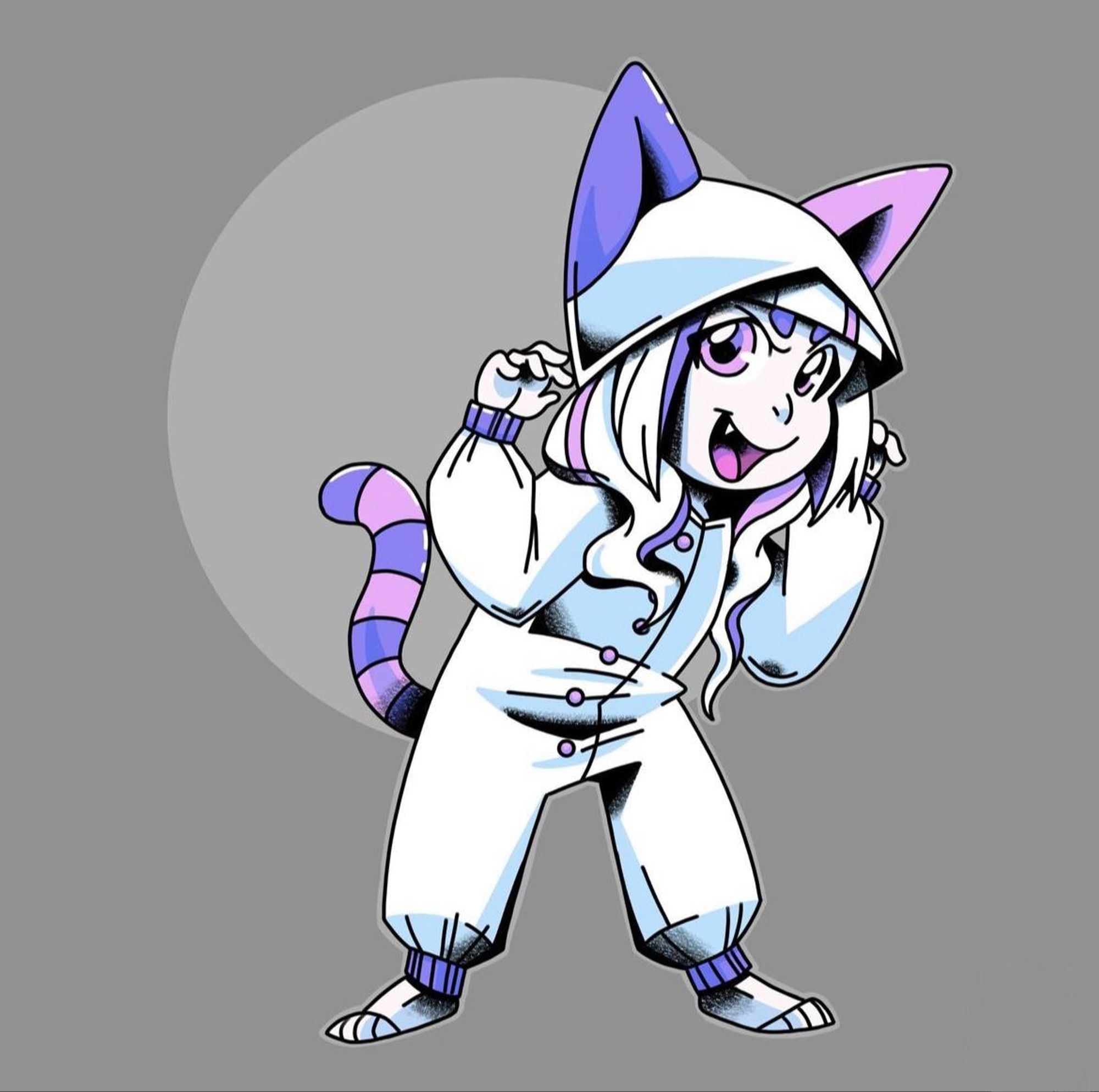 A white, pink, and purple haired girl in a cat kigurumi does a growling like pose.