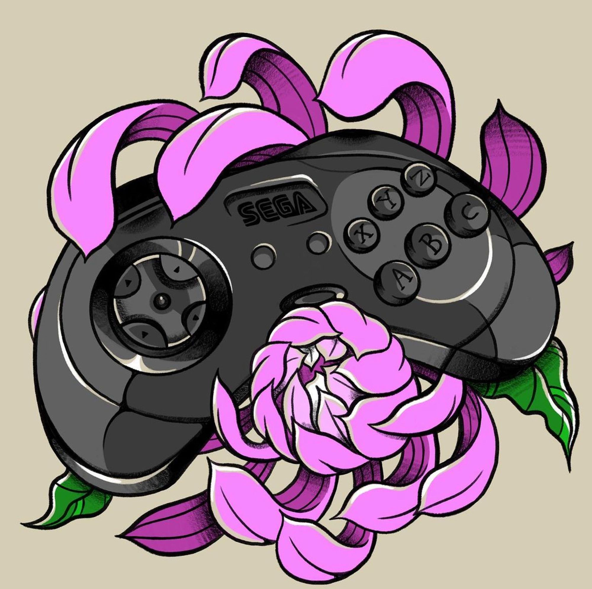 A Sega genesis controller surrounded by a pink chrysanthemum tattoo design.