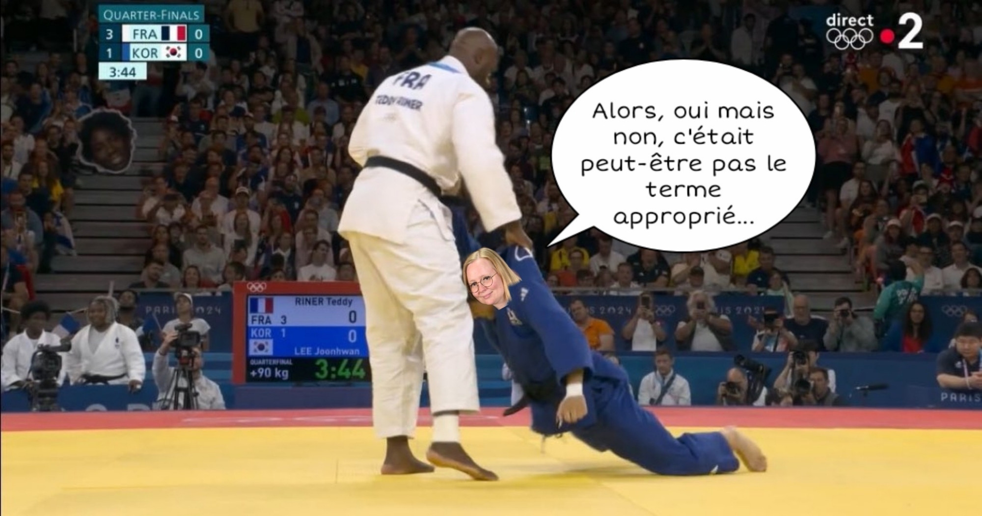 Teddy Riner terrassant une personne à l'effigie d'Ersilia Soudais qui dit : "Alors, oui mais non,  c'était peut-être pas le terme approprié..."