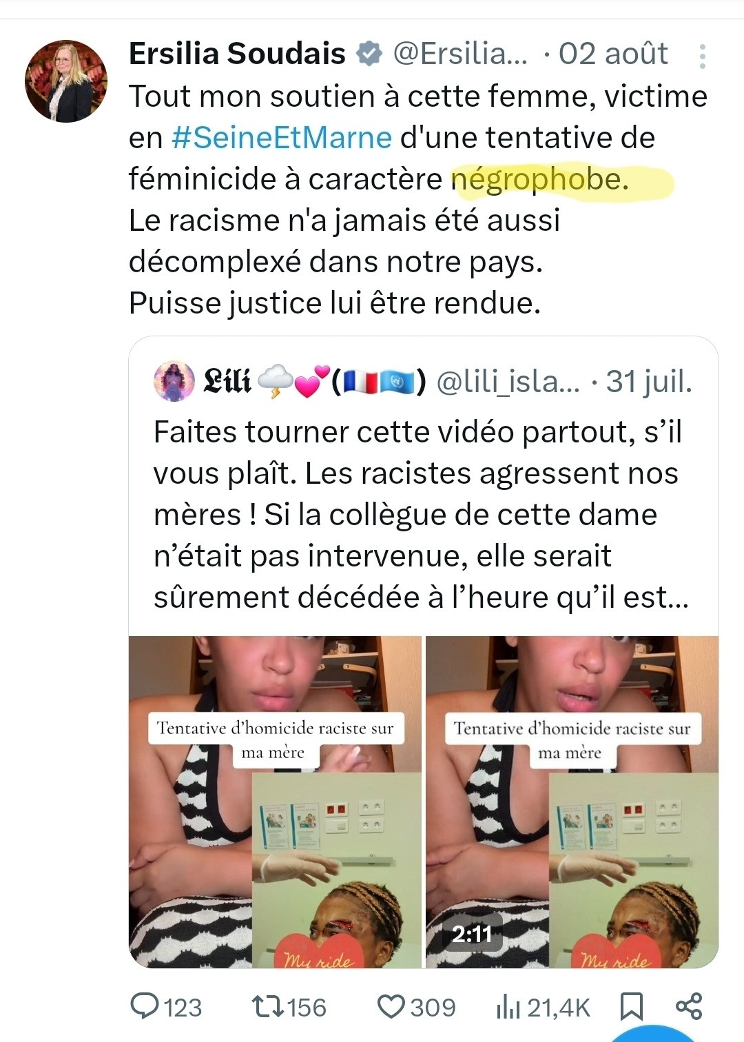 Tweet d'Ersilia Soudais où elle utilise le terme de "négrophobie".