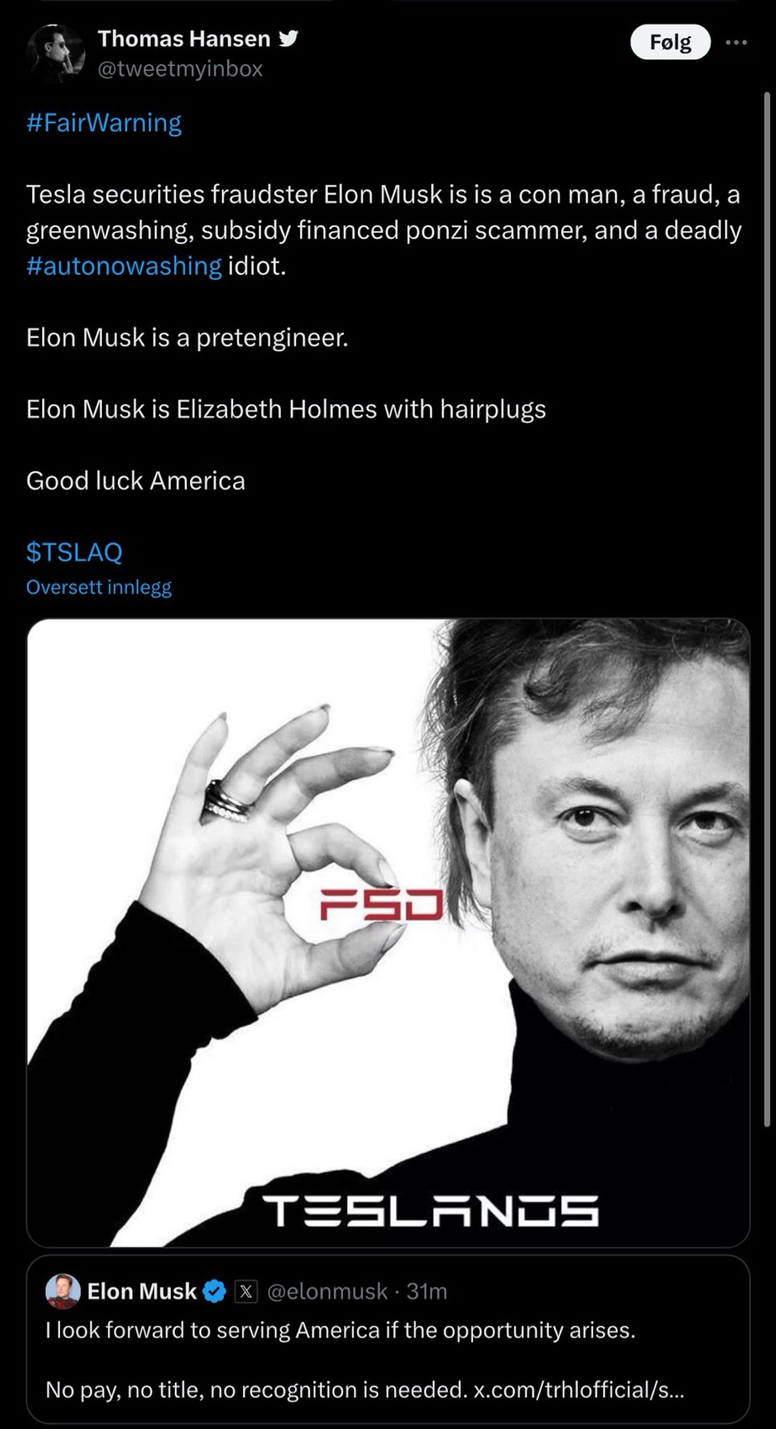 #FairWarning

Tesla securities fraudster Elon Musk is is a con man, a fraud, a greenwashing, subsidy financed ponzi scammer, and a deadly #autonowashing idiot. 

Elon Musk is a pretengineer.

Elon Musk is Elizabeth Holmes with hairplugs

Good luck America

$TSLAQ

And a picture of Elon Musk as Elizabeth Holmes