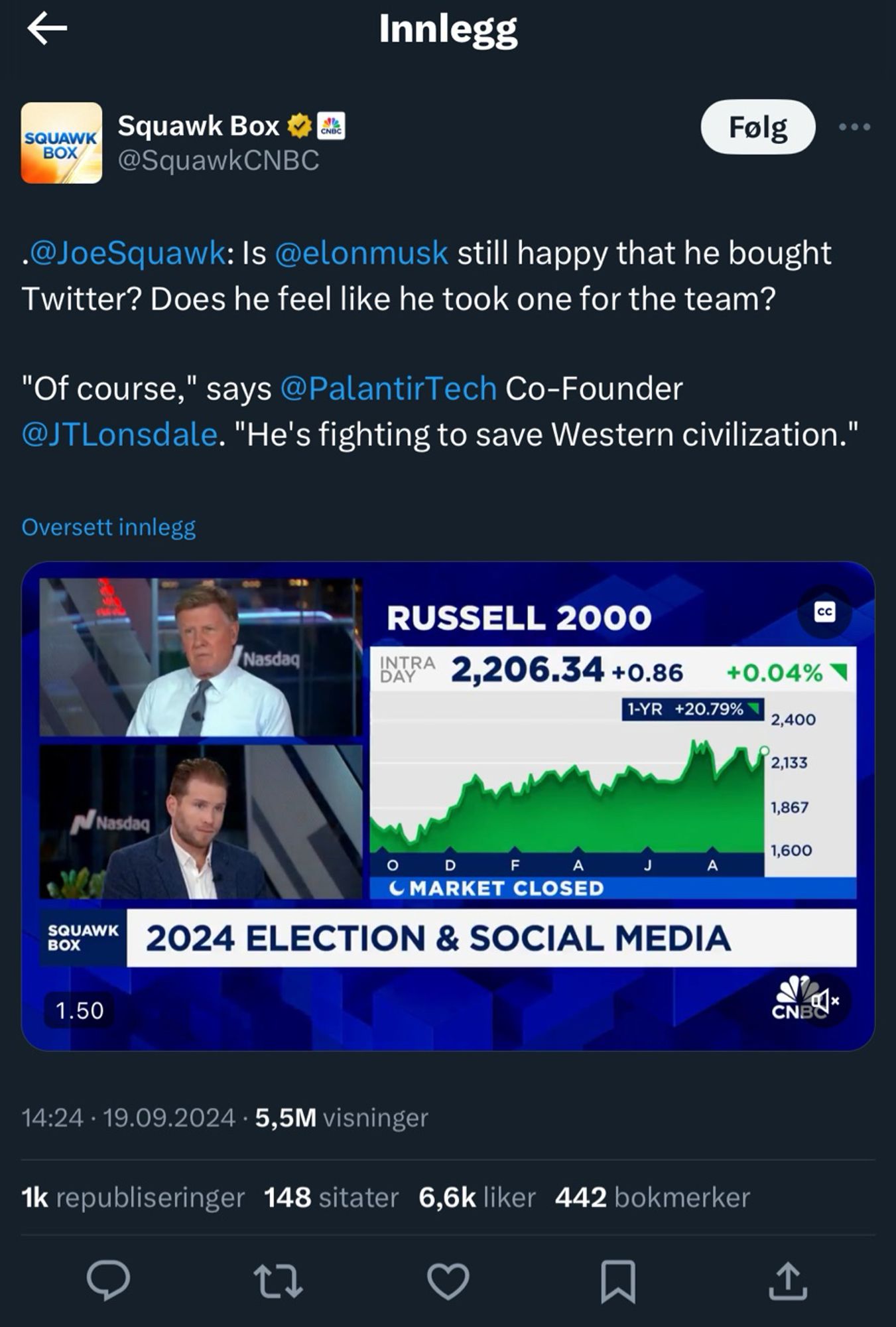 From Twitter:

.@JoeSquawk: Is @elonmusk still happy that he bought Twitter? Does he feel like he took one for the team? 

"Of course," says @PalantirTech Co-Founder @JTLonsdale. "He's fighting to save Western civilization."