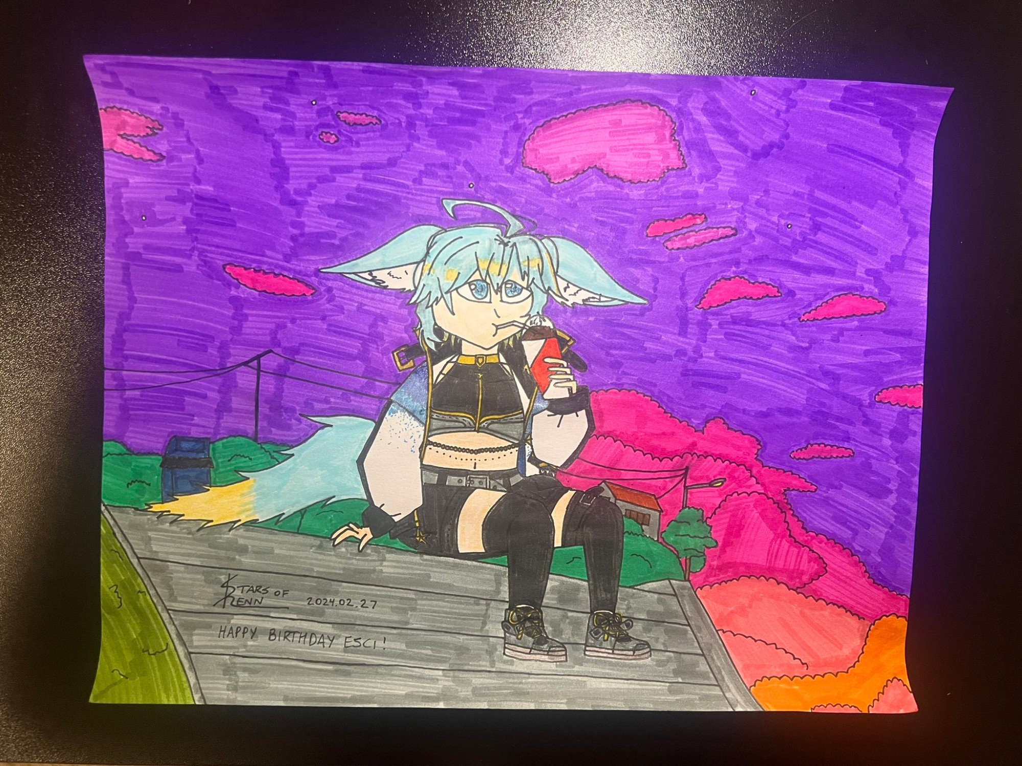 Drawing of the VTuber EsciOpal sitting on some stairs drinking a root beer slushie during sundown