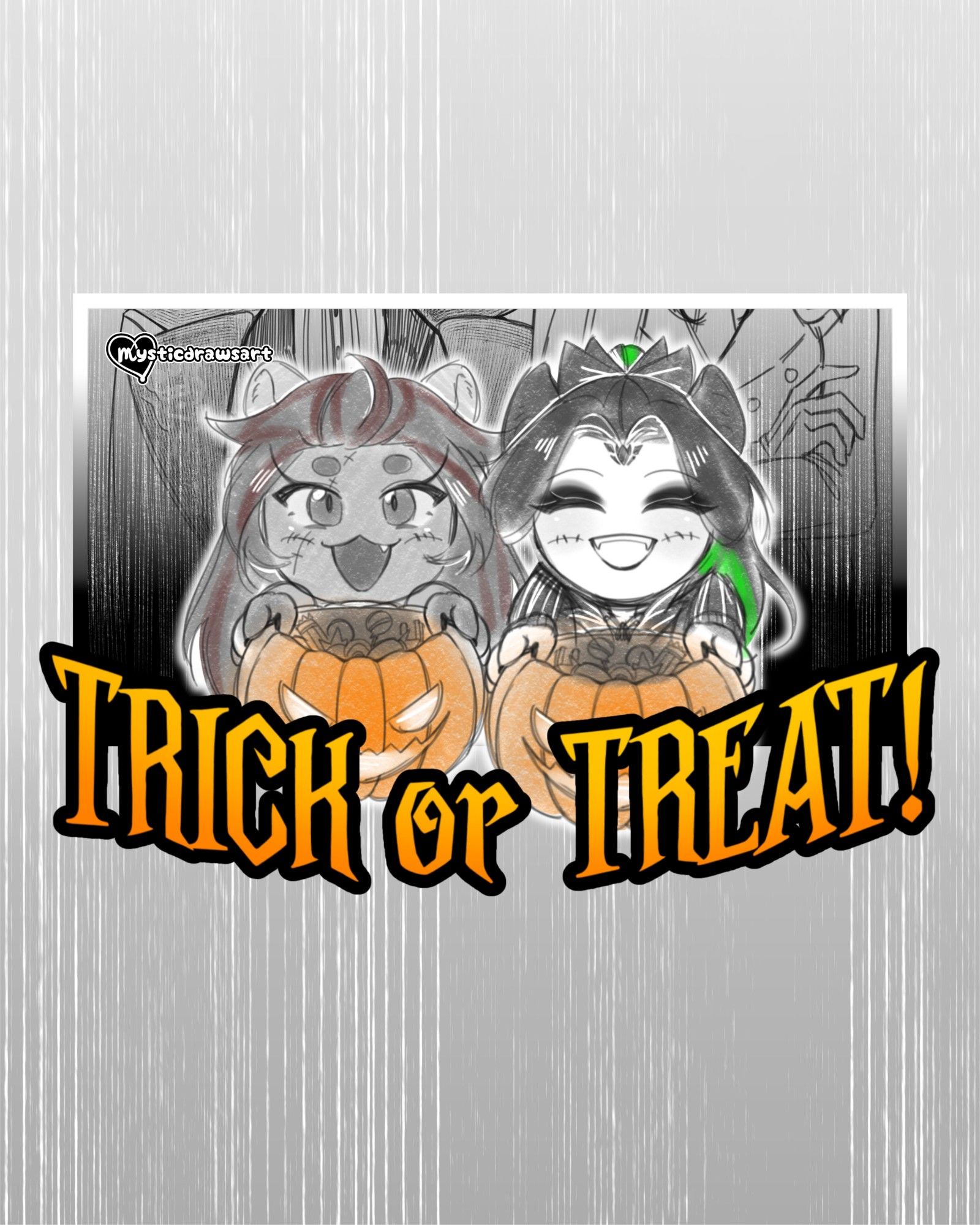 TWST OCs Kesari Kingscholar and Millicent Draconia holding up their pumpkin buckets greeting the viewer with "Trick or Treat!"