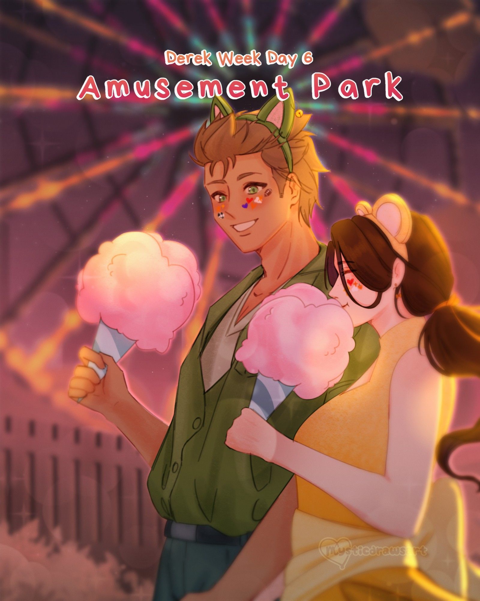 Derek Suarez from Our Life Beginnings and Always and my MC on an amusement park date: eating cotton candy with a ferris wheel in the background.