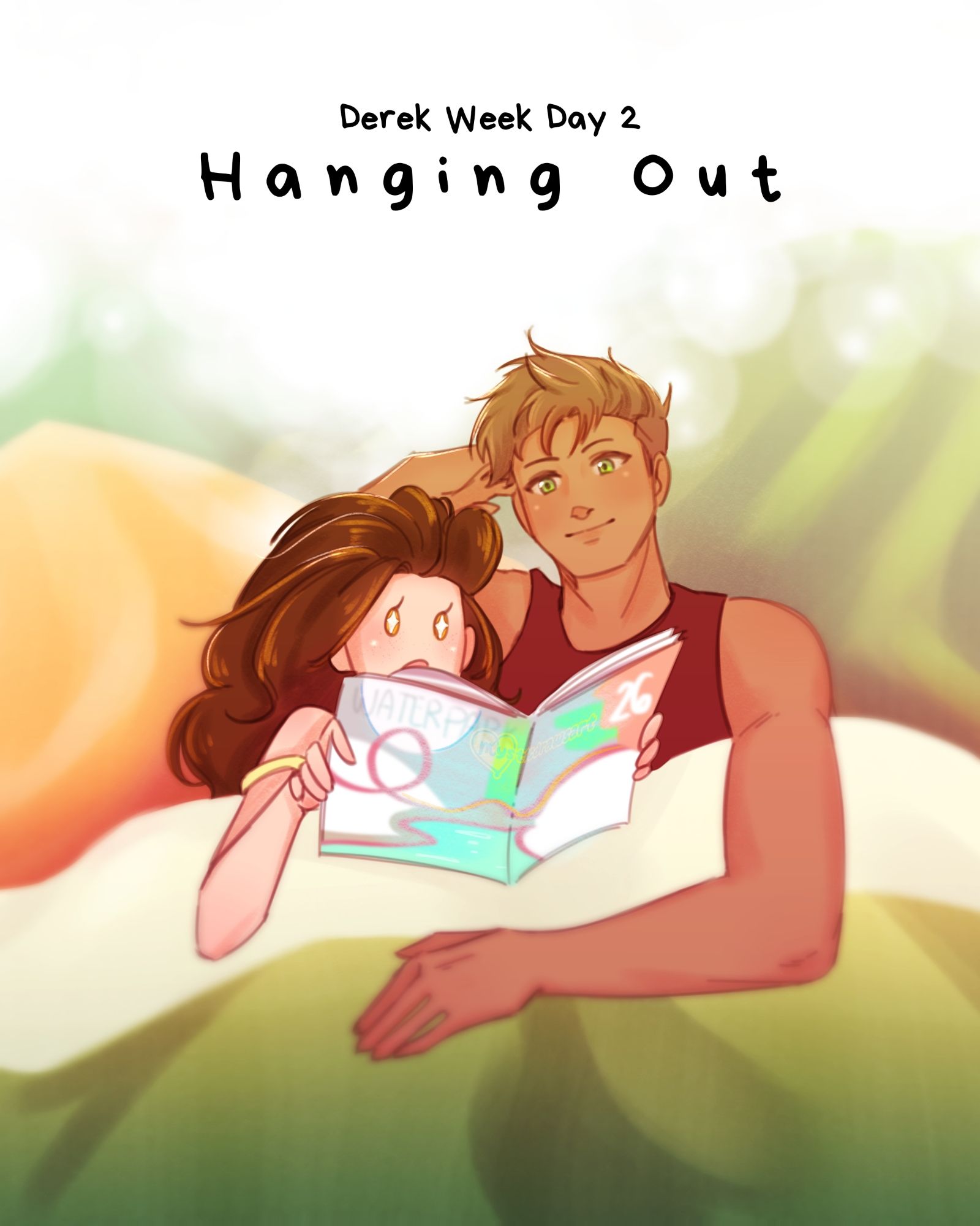 Day 2 of the Derek x MC Week prompt, featuring my MC and Derek Suarez from Our Life Beginnings and Always in bed looking through a waterpark magazine.