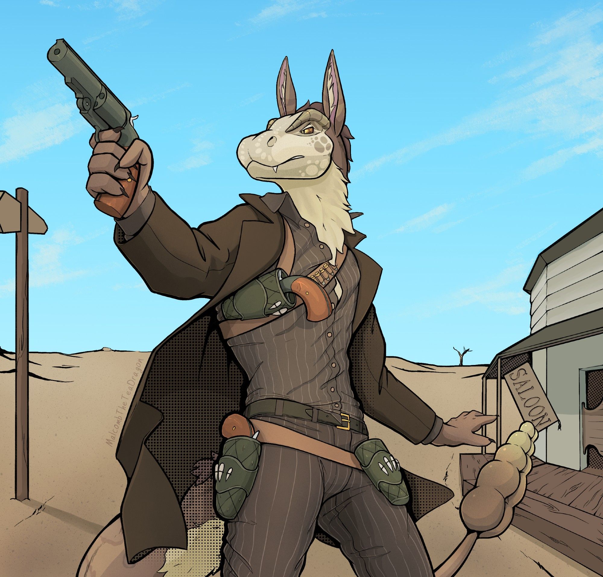 An anthro rattlesnake/coyote hybrid draws a revolver in a dusty town. They have two other revolvers still in their holsters. Looks like a western shoot out is going down.