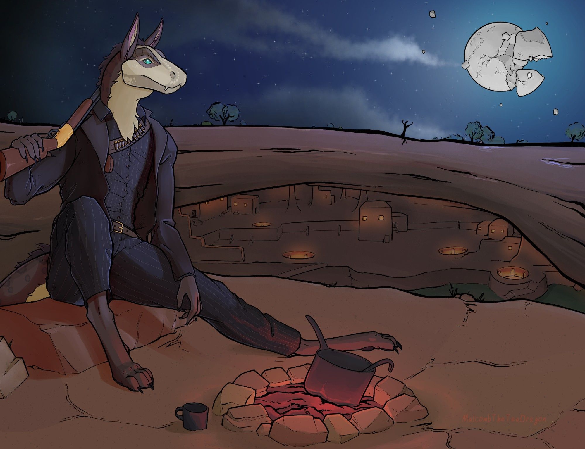 An anthro nightstalker shoulders a lever action rifle while sat beside a dying campfire underneath a shattered moon. The calm glow of a town under a cliff is in the background.