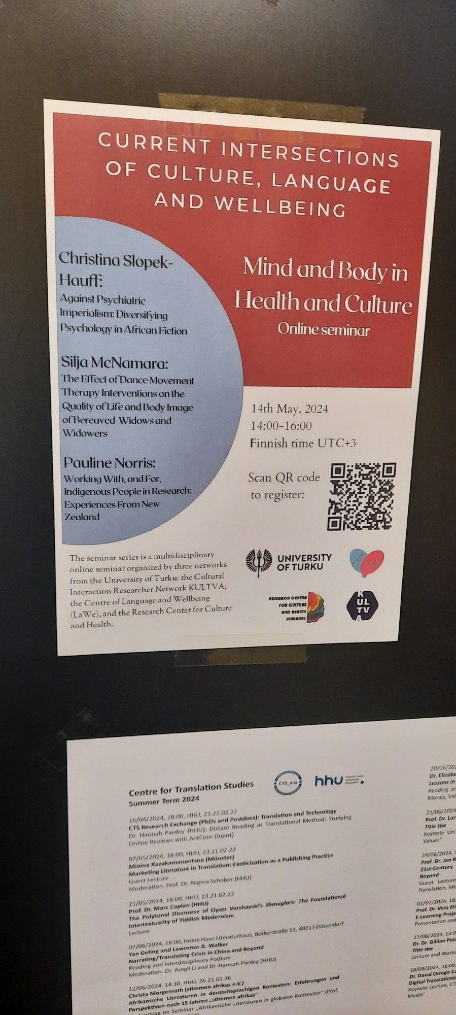 Event poster for an online seminar on May 14. University of Turku. "Mind and Body in Health and Culture."