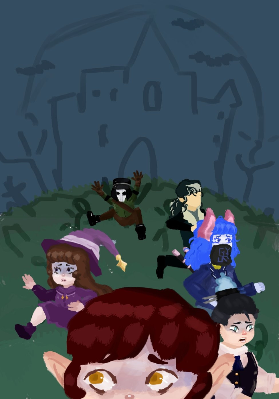 Drawing of chibi moots running away from a haunted mansion (WIP)