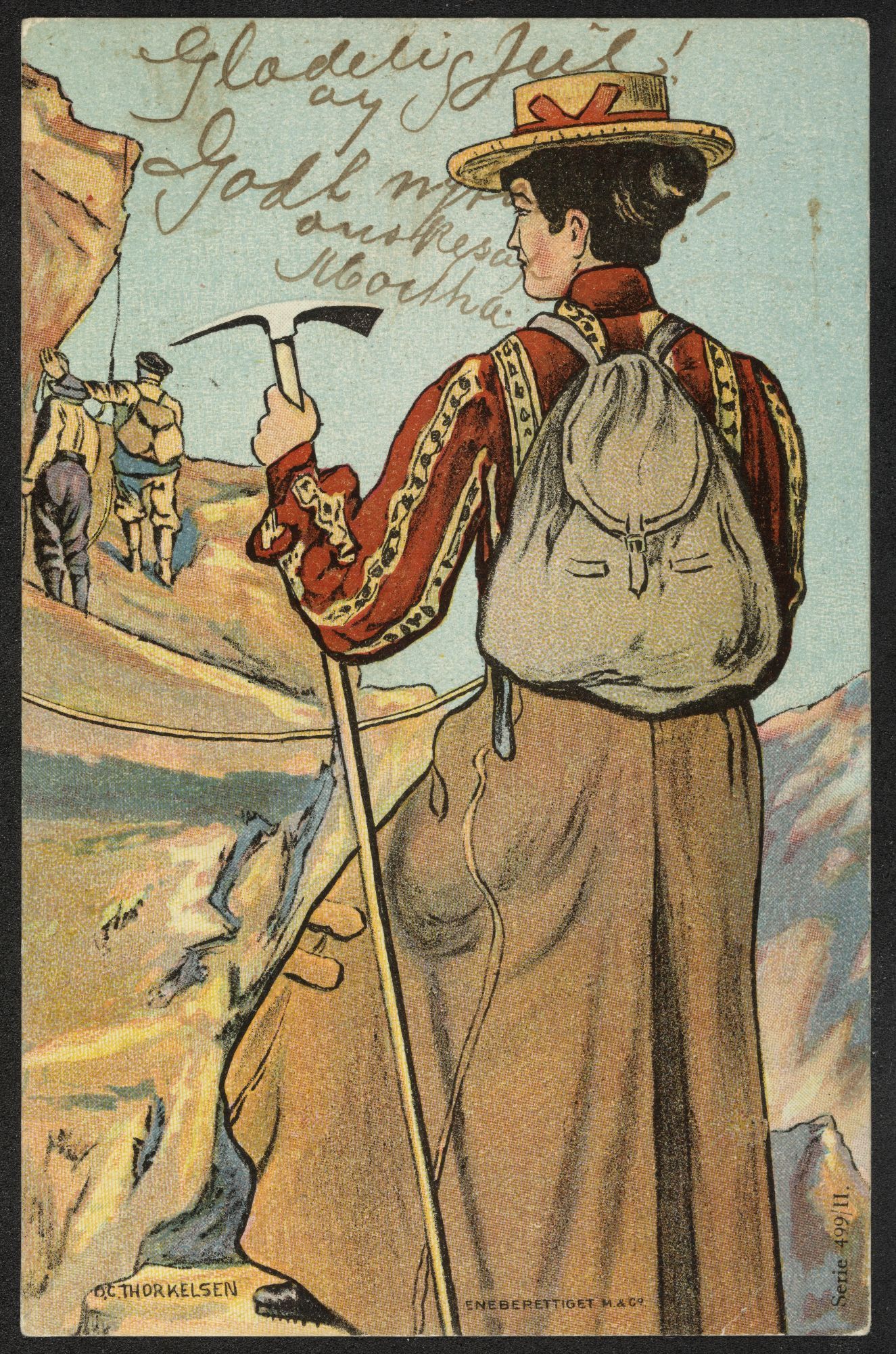 A portrait postcard with a colour drawing of a female mountaieer, carring an alpenstock and rucksack and wearing a long brown skirt, a red and yellow striped shirt and a straw hat, looking along a mountain ledge towards two men she is roped together with. There is a handwritten message on the top of the card - "gladelig jul og godt nyttår" (?)