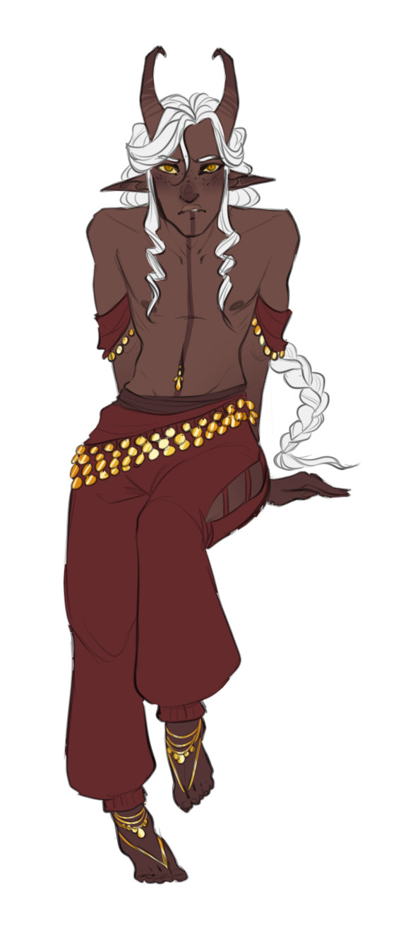 a head-on fullbody image of a dark skinned tiefling man with long white hair. He has a bohemian dancer vibe to his outfit.