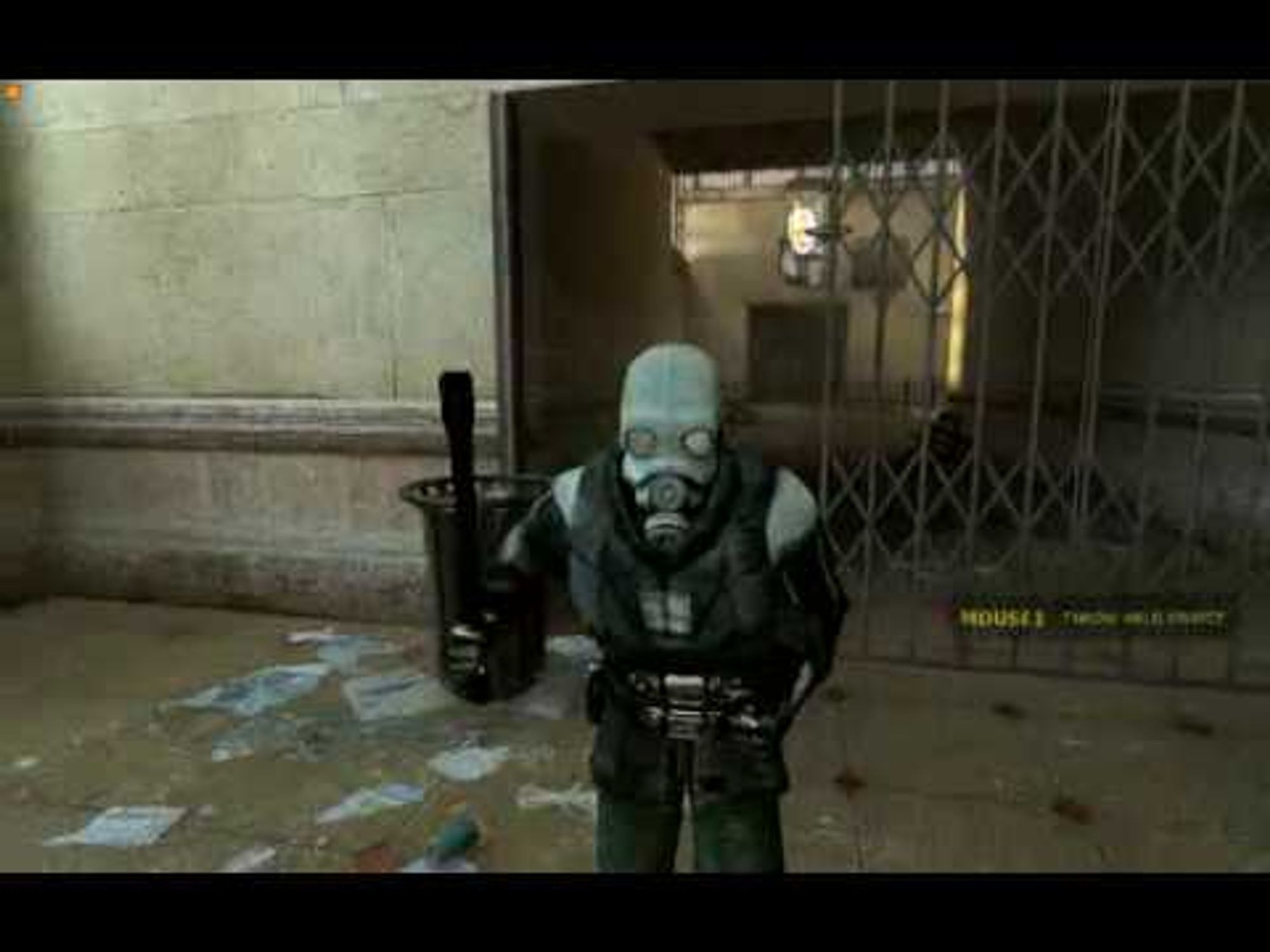 Screen shot of Half Life 2, known as the "pick up that can" scene.