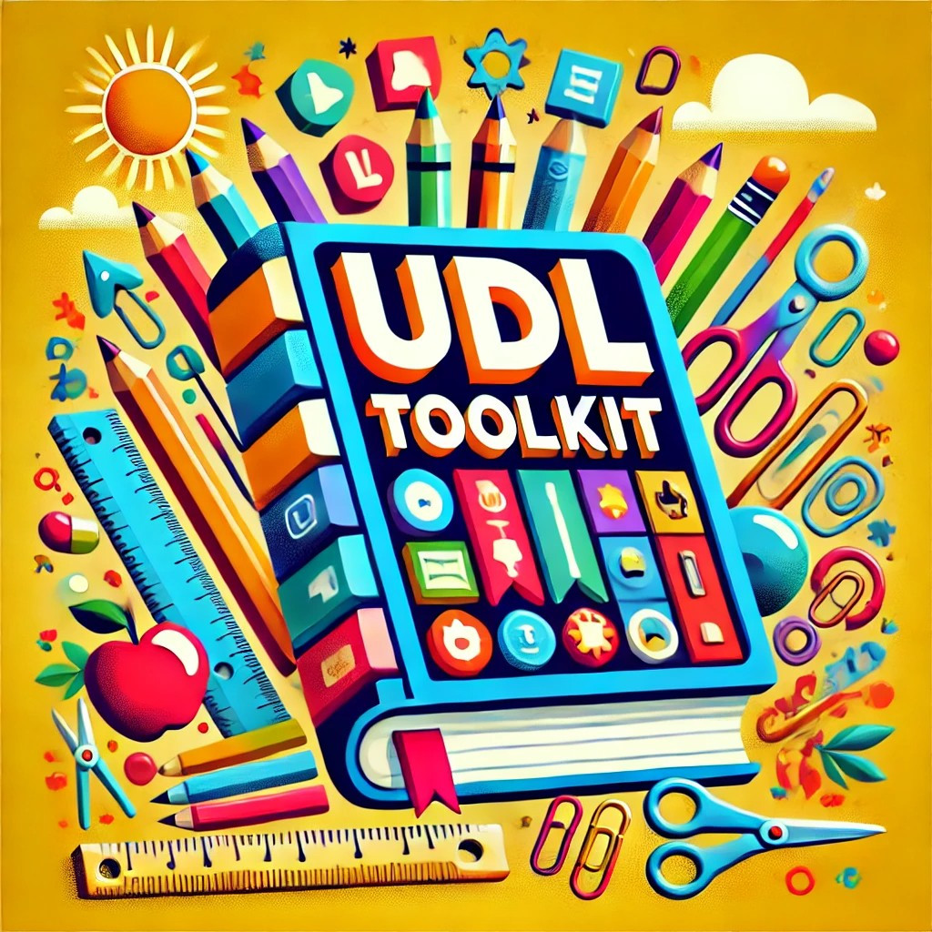 An AI-generated montage of school supplies (pencils, scissors, rulers, paper clips) as a backdrop for a book with "UDL Toolkit" stamped on the front cover.