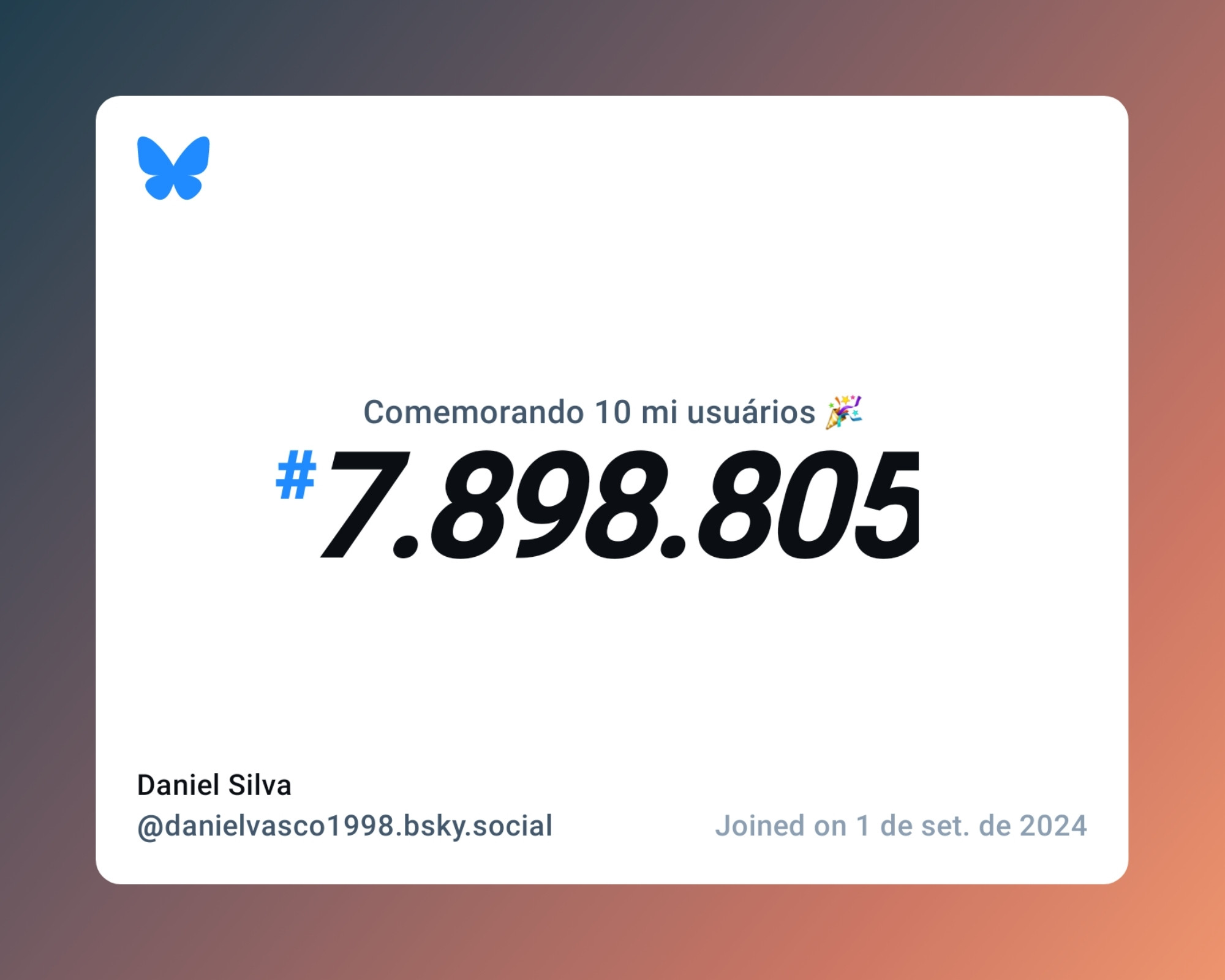 Um certificado virtual com o texto "Comemorando 10 milhões de usuários no Bluesky, #7.898.805, Daniel Silva ‪@danielvasco1998.bsky.social‬, ingressou em 1 de set. de 2024"