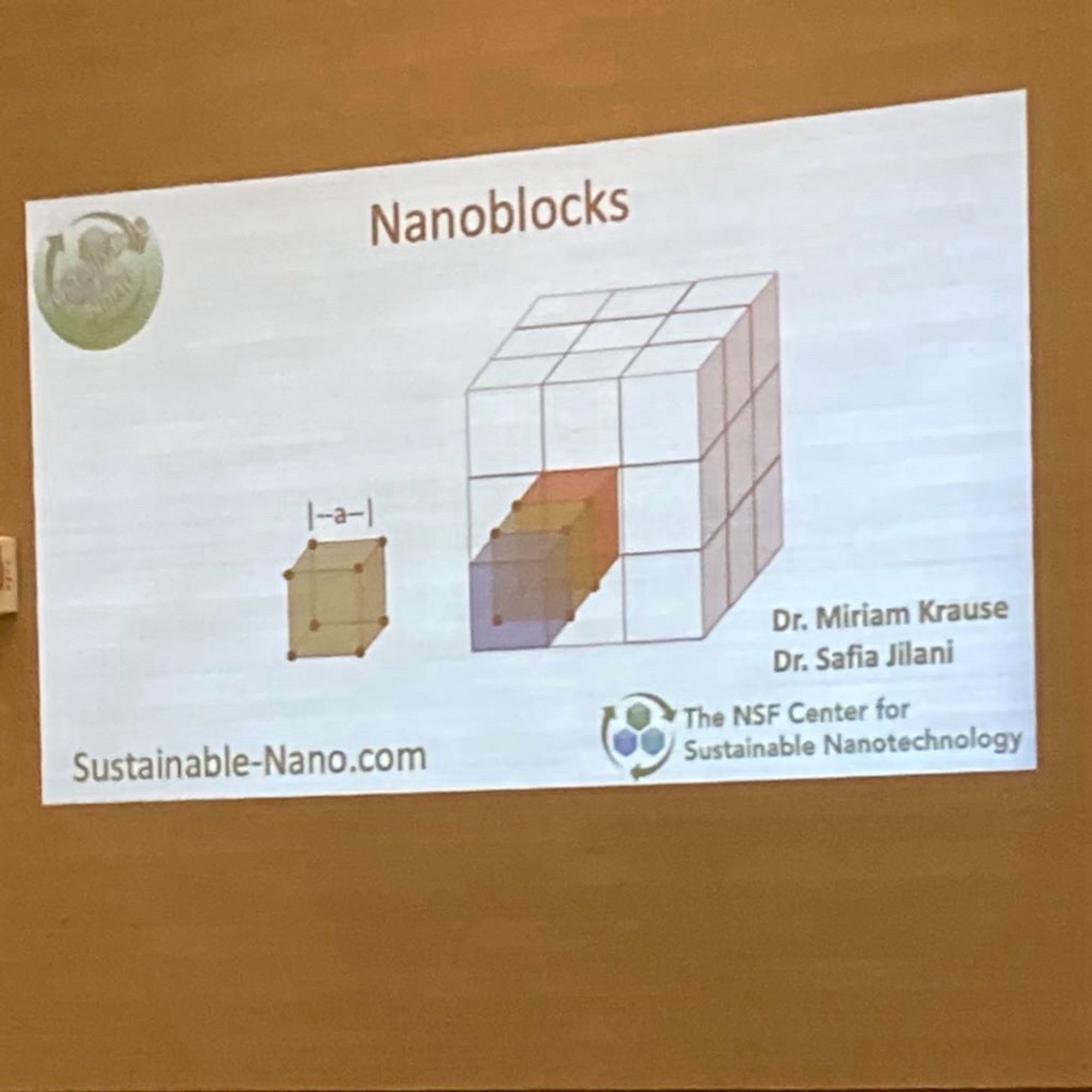 A PowerPoint slide on a wall titled “Nanoblocks.”

There is a picture of a cube with 27 smaller cubes in it (right). There is also a smaller cube (left).