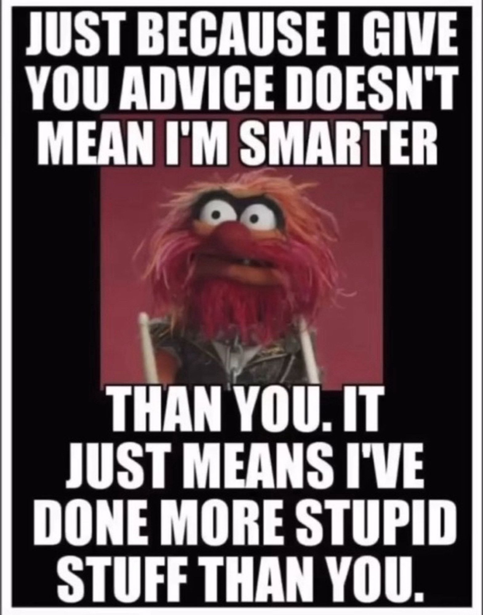 A meme of a muppet with the text over it:

Just because I give you advice doesn’t mean I’d smarter than you. It just means I’ve done more stupid stuff than you.