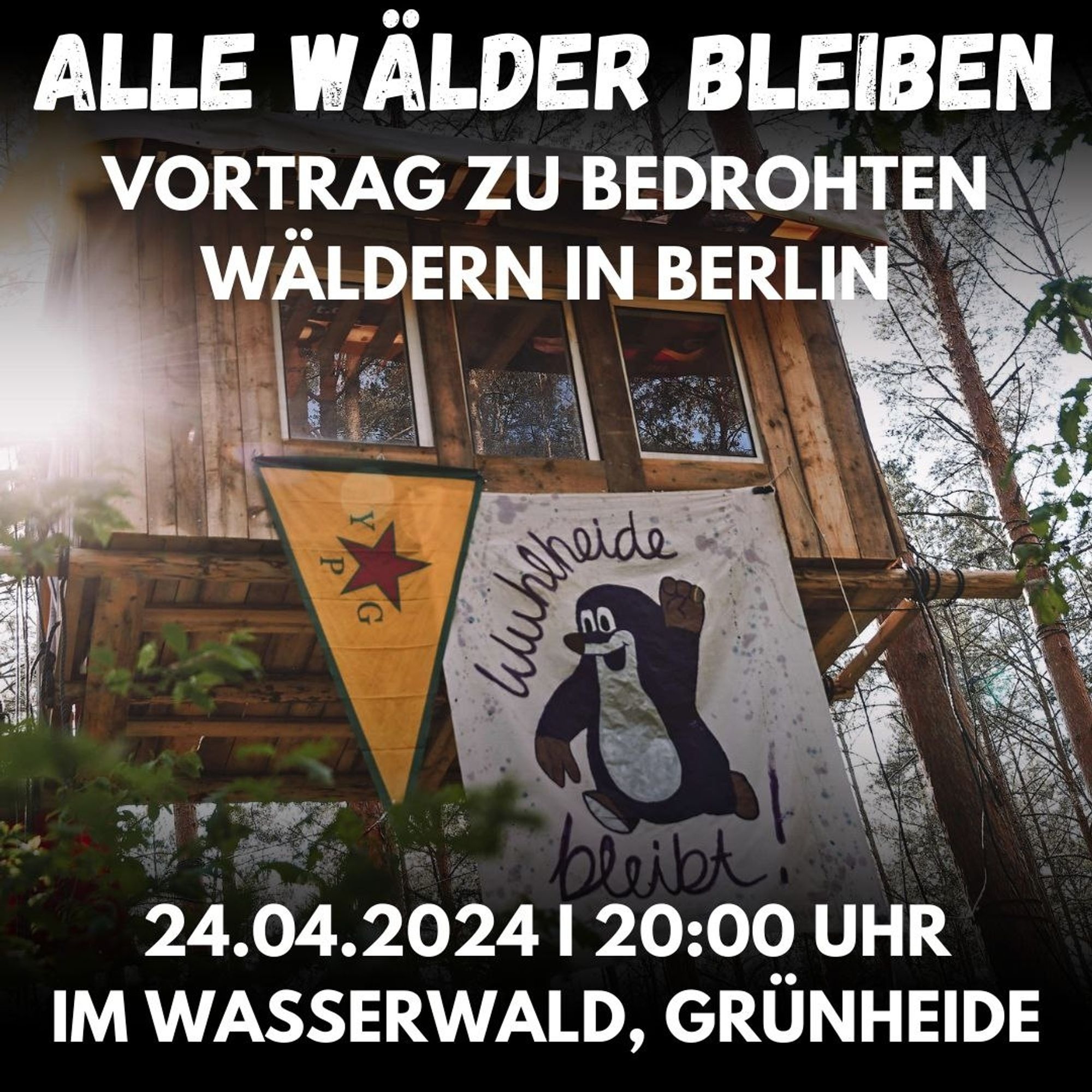 Foto eines Baumhauses mit einem Transpi mit der Aufschrift "Wuhlheide bleibt" und dem Maulwurf, der Wuhli-Besetzung, sowie einer YPG-Flagge.

Weiße Schrift über dem Foto: Alle Wälder bleiben. Vortrag zu bedrohten Wäldern in Berlin. 24.4.24, 20uhr, im Wasserwald Grünheide.