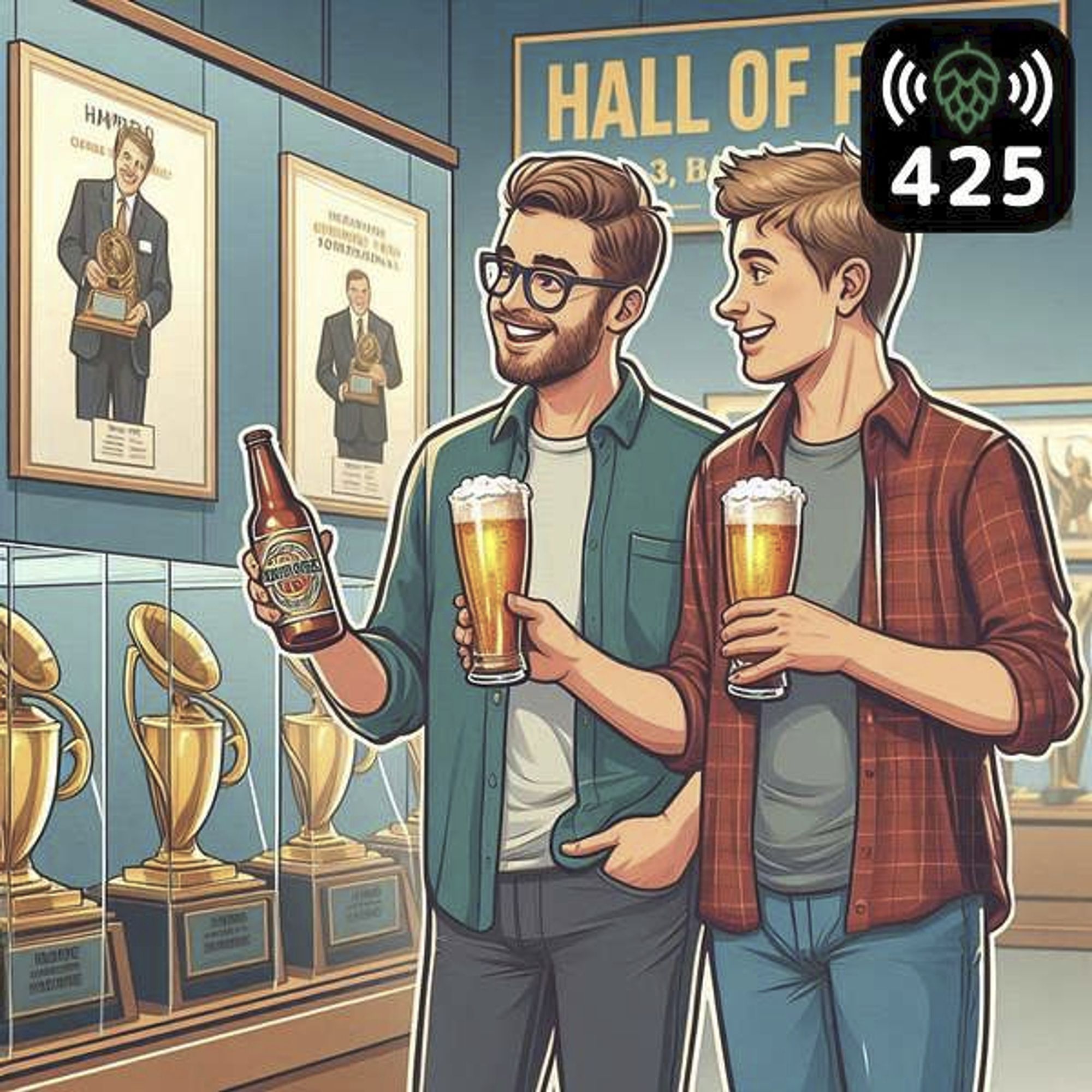 These guys are admiring all the trophies, photos, and historical information at a hypothetical craft beer hall of fame.  The real one isn't open yet.  And I don't know if or when it will have a physical location.  But you never know.  I assume they'd serve walking-around beers.