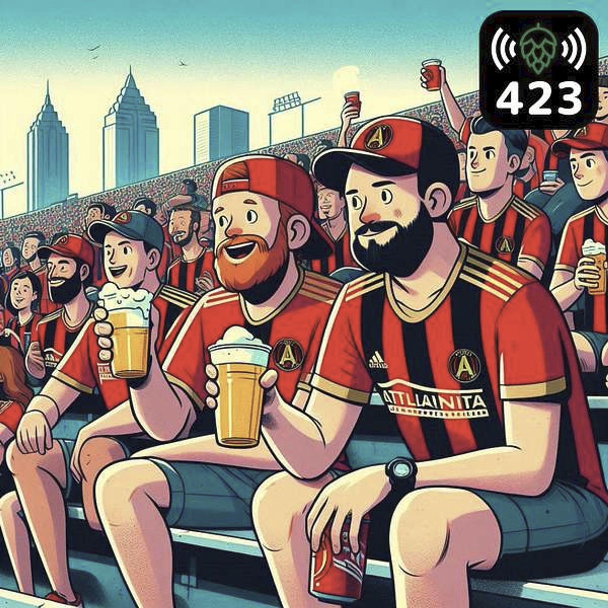 Just a bunch of fans watching an Atlanta United game with beer.  It's an activity that I can recommend from recent experience.  Wait a sec, that guy in front is double-fisting.  My man.