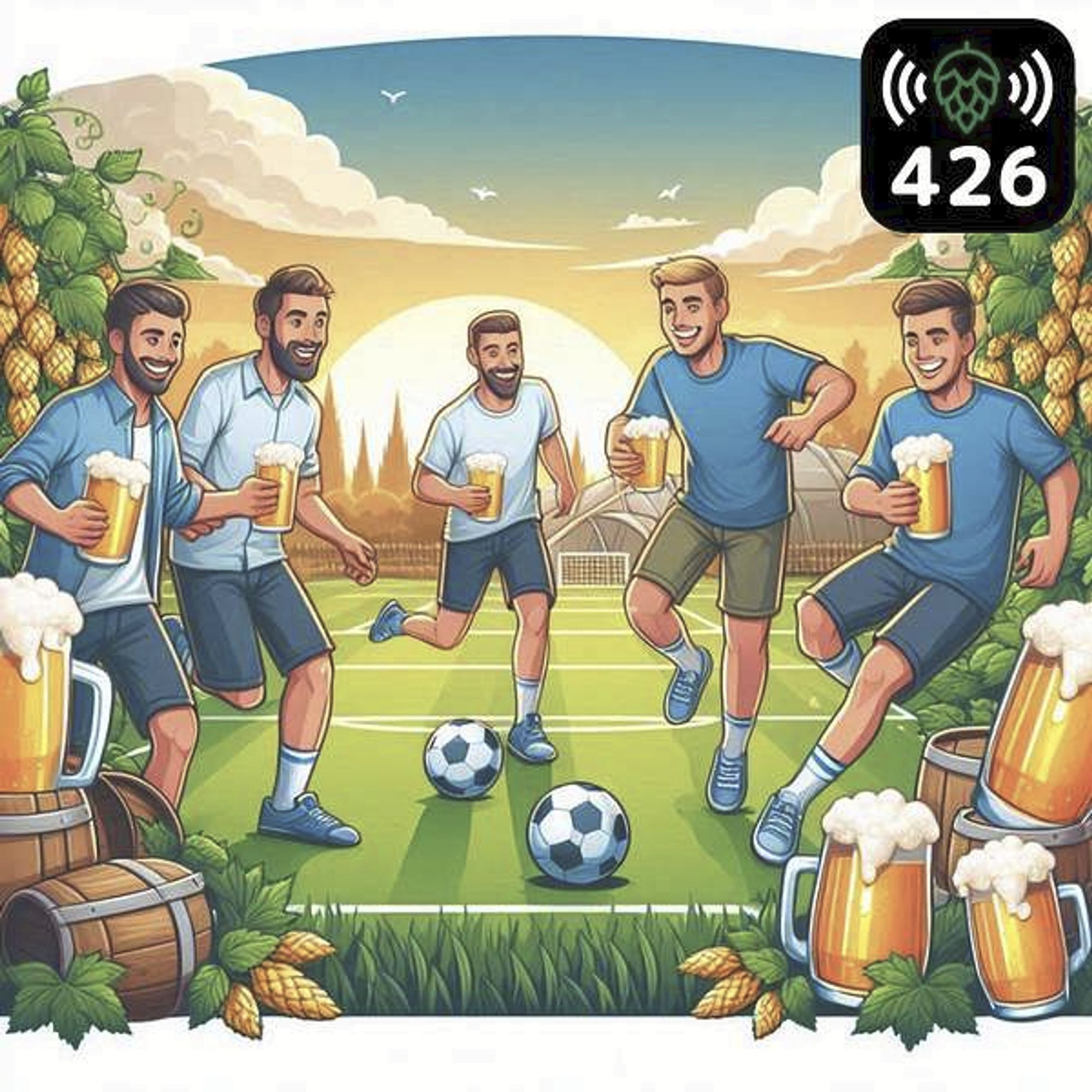 These guys are playing the weirdest round of soccer ever.  It involves two balls, and a field surrounded by hops.  And of course everyone is carrying a full beer.  Not sure how they keep score, but clearly everyone is a winner here.