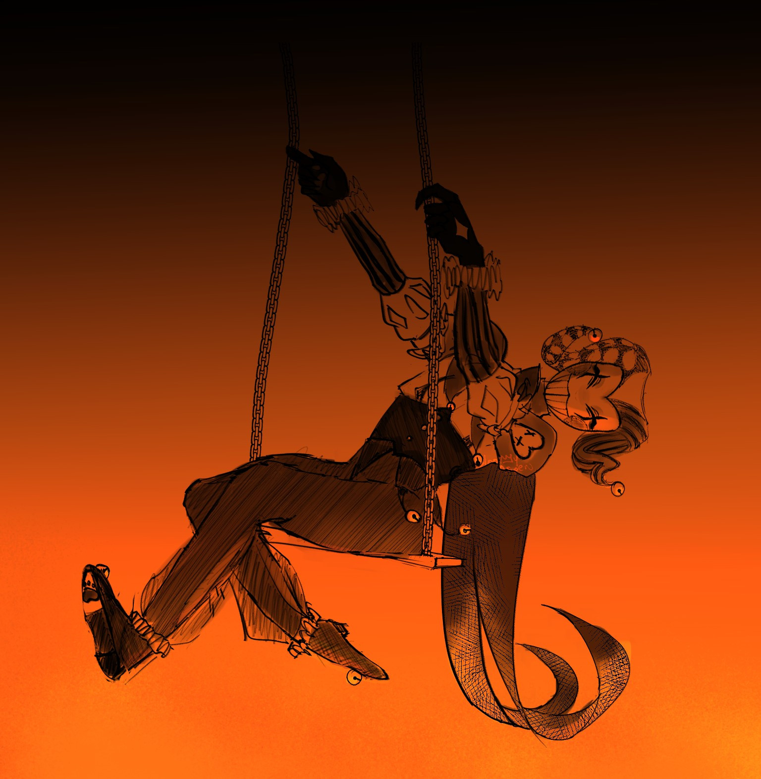 My guy clownpierce, the parkour villain, undulating giddily in a chain swing