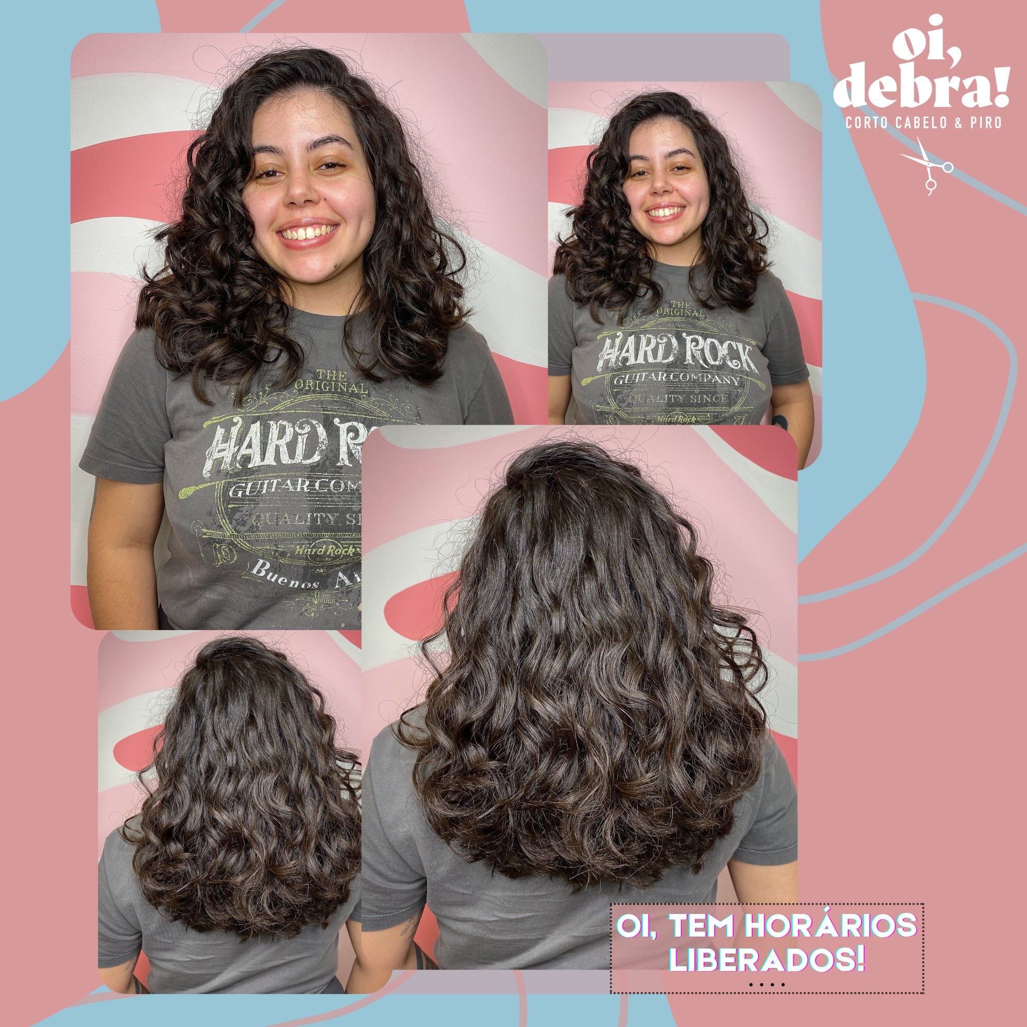 2 fotos de uma pessoa com o cabelo recém cortado e seco de frente, e duas fotos da mesma pessoa de costas, em fundo rosa e azul, com uma caixa de texto escrito "Oi, tem horários liberados!"